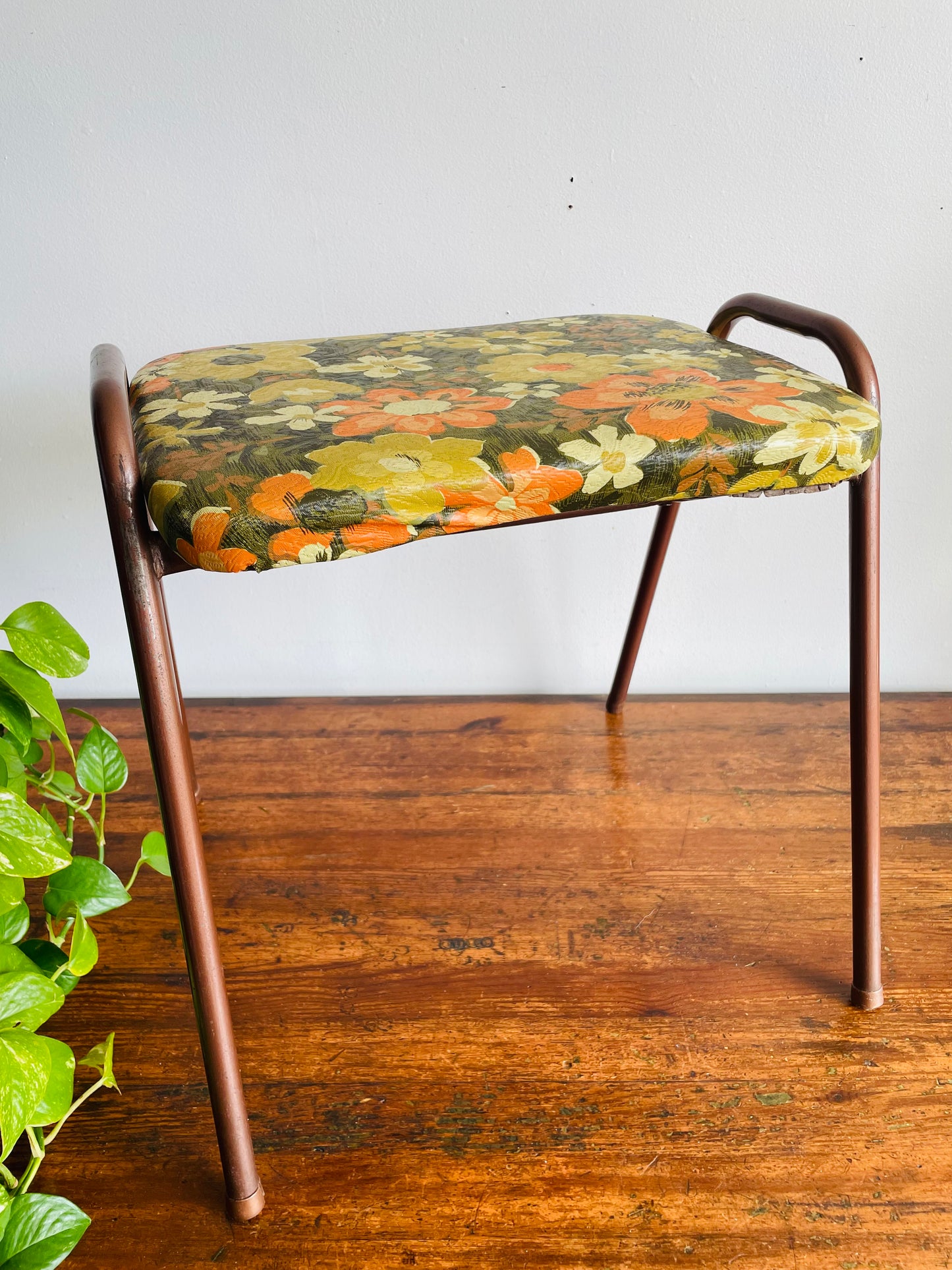 Vintage 1968 Perfect Chrome Furniture Co. Stackable Stool Chair with Vinyl Cushion - Groovy Green, Orange & Cream Flower Power Pattern - Made in Toronto