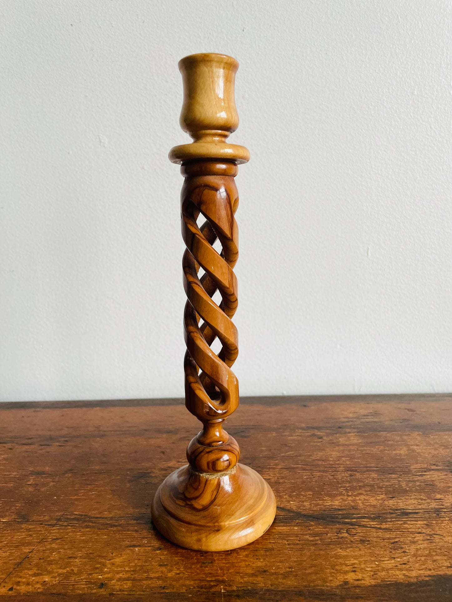 Olive Wood Twisted Spiral Candlestick Holder with Open Barley-Twist