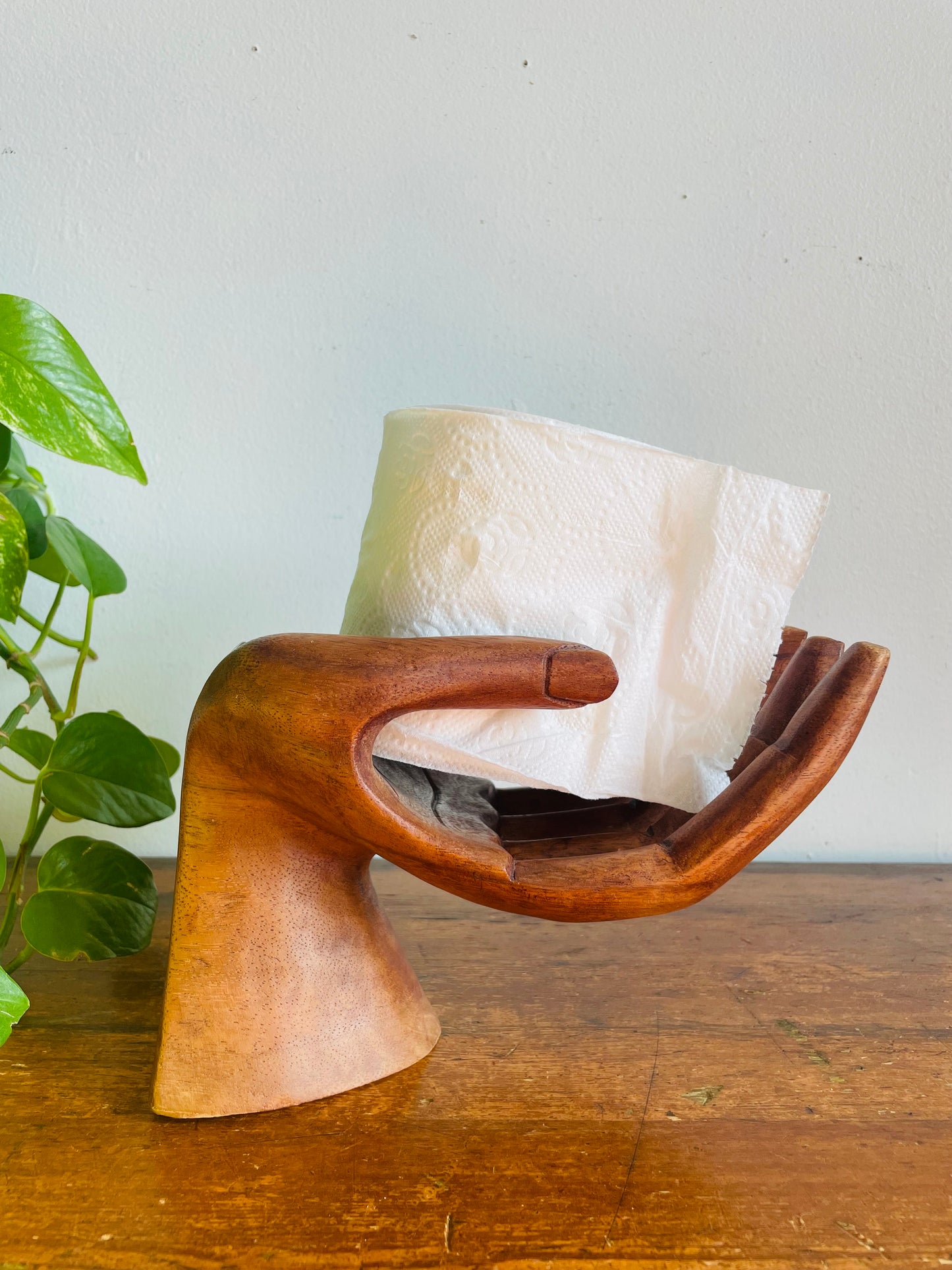 Vintage Large Carved Wood Right Hand - Can Stand or Hang on Wall - Fingers Curve to Hold Objects - Air Plant, Toilet Paper Roll, Business Cards, Etc.