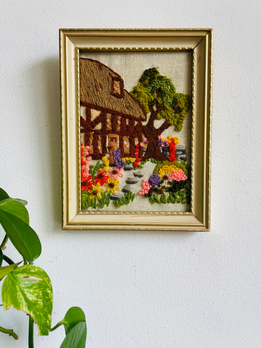 The Sweetest Little Crewel Embroidery Picture of Cozy Cottage with Bright Flower Garden