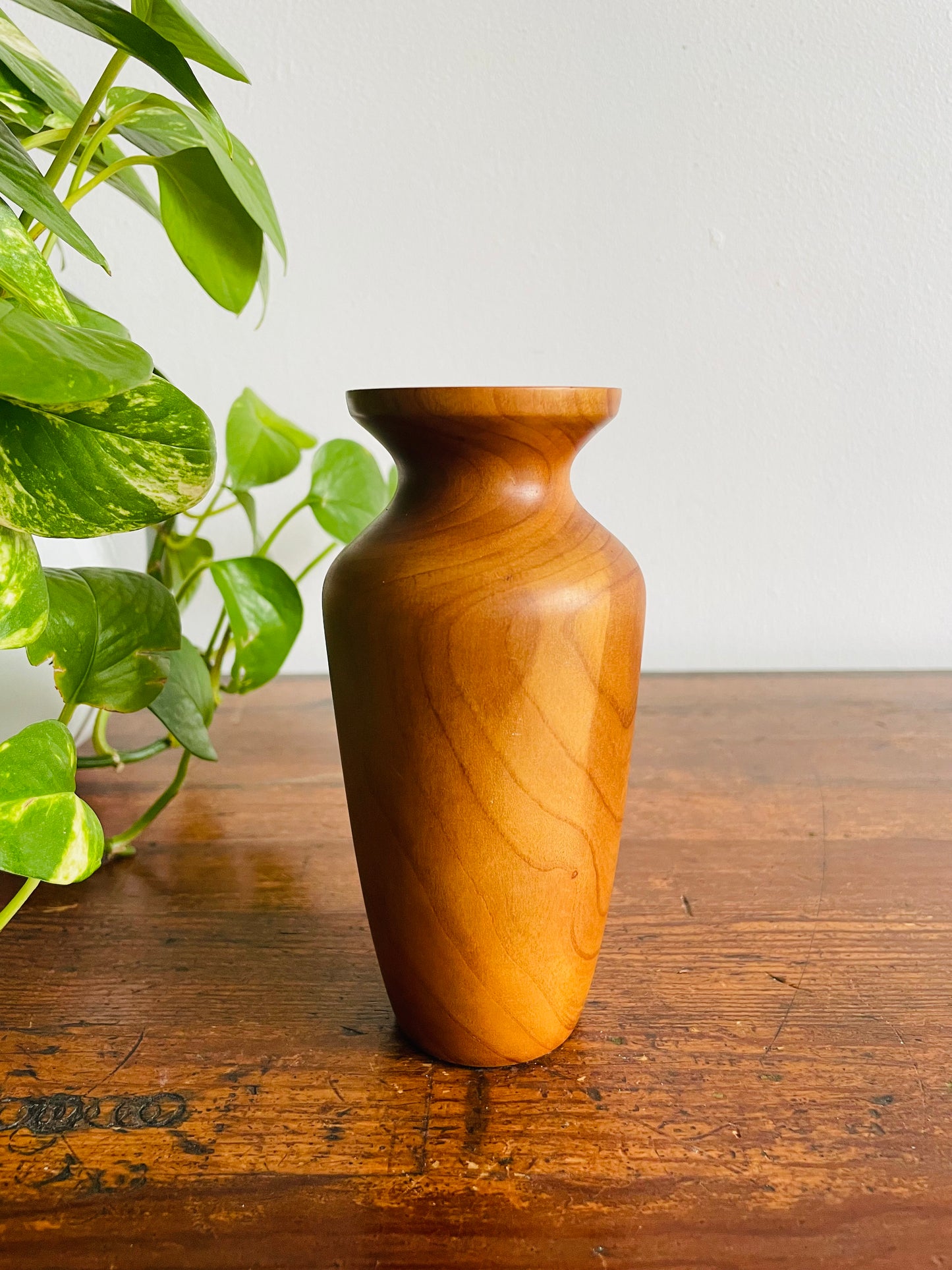 Smooth Teak Wood Bud Vase with Glass Vial Insert Inside for Watering Flowers