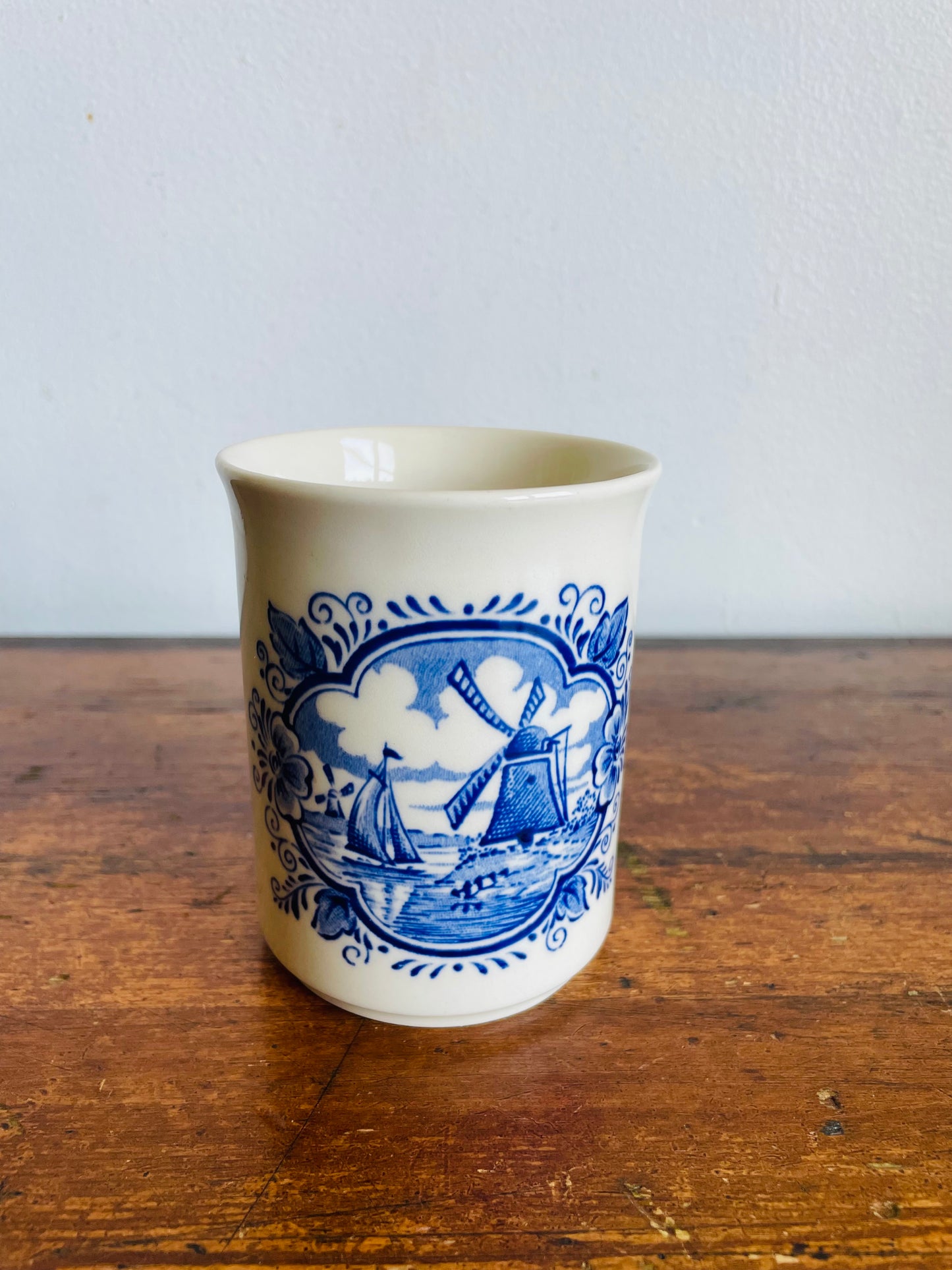 Vintage Blue & White Cup with Dutch Windmill & Sailboat Scene - English Ironstone Tableware - Vase, Pencils, Toothbrush Holder, Etc.