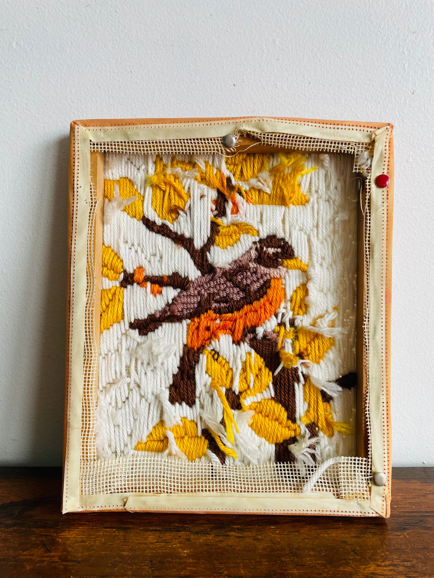 Crewel Embroidery Picture of Robin Bird in Tree