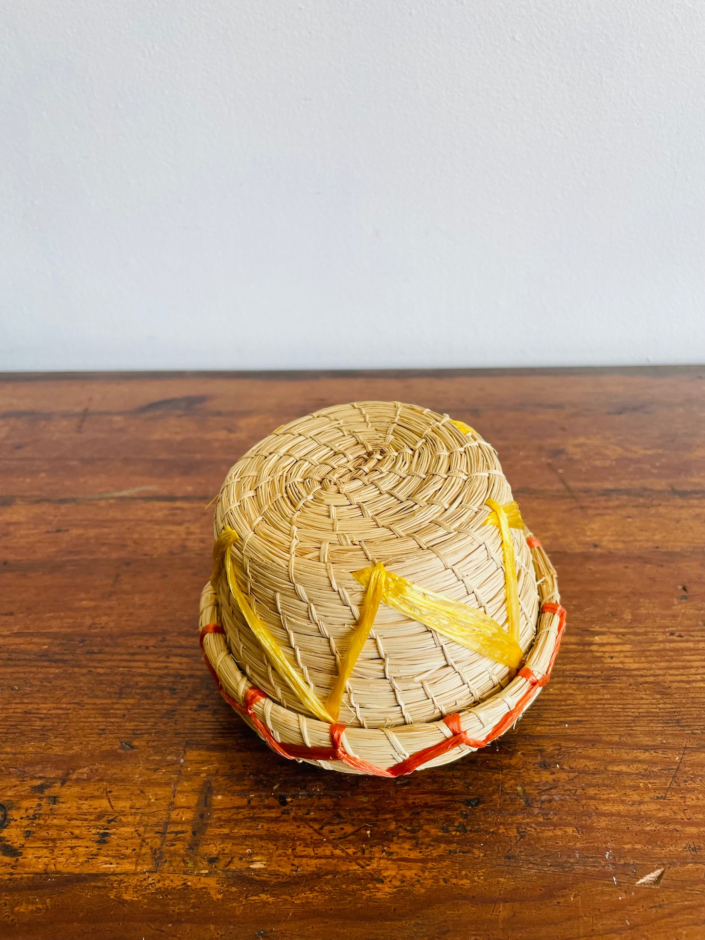 Mini Round Woven Straw Basket with Raffia Flower Design