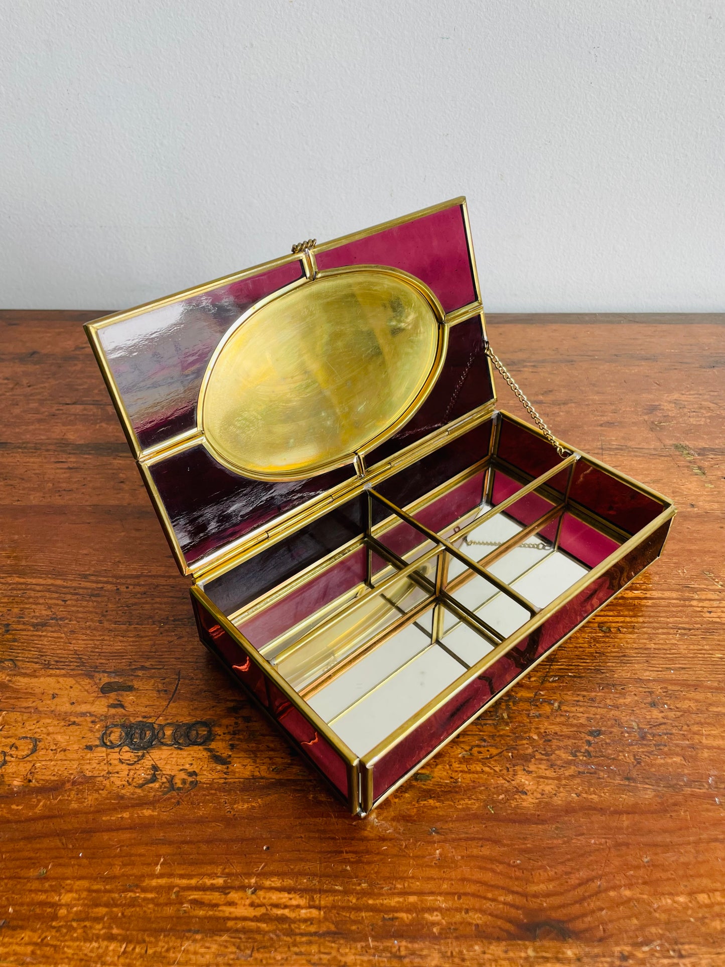 Enesco Corporation Purple Glass & Brass Divided Sectional Jewellery Box with Flower Lid - Made in Mexico