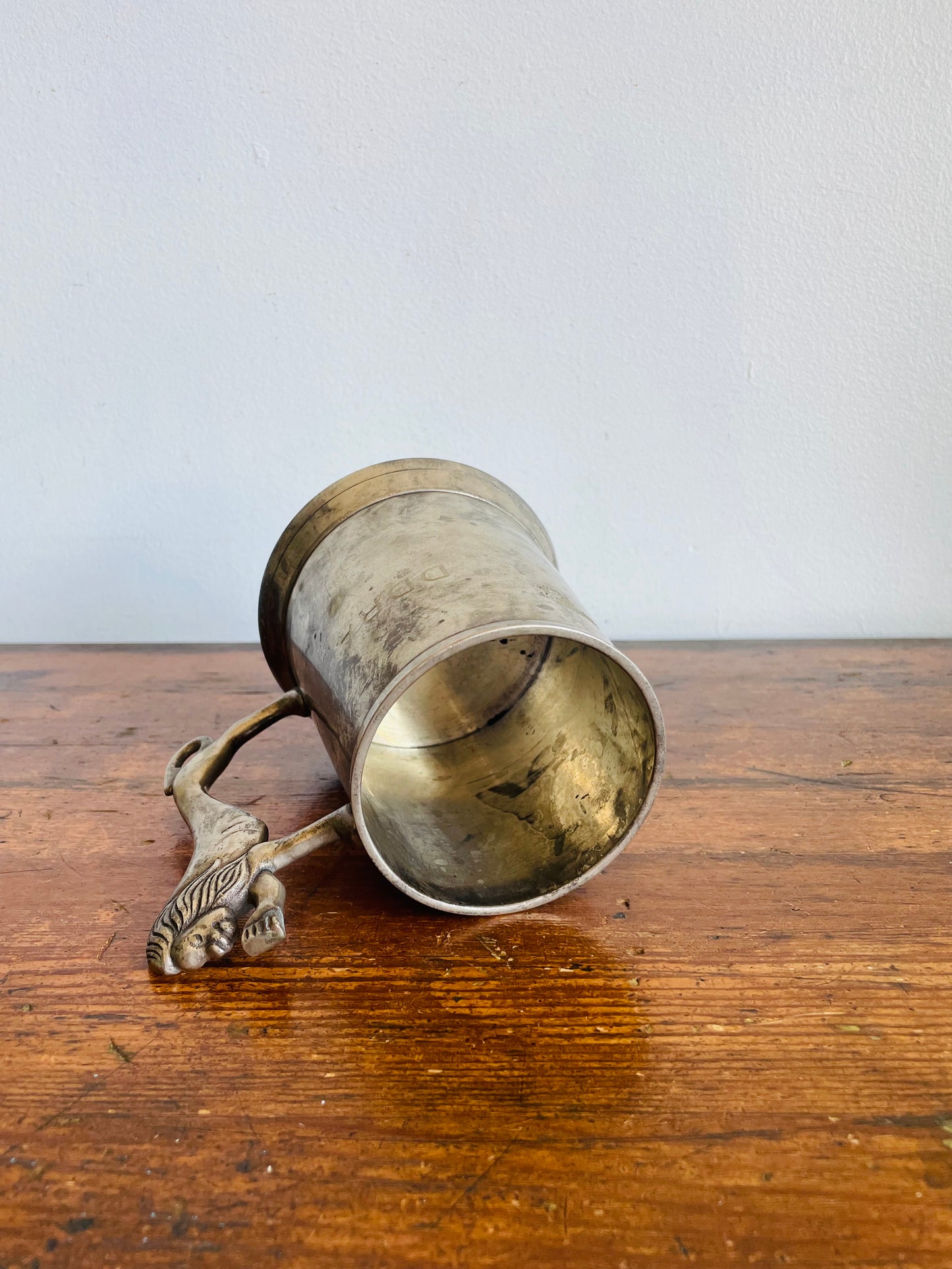 Vintage Sheffield England Pewter Silver Tankard Cup with Lion Handle