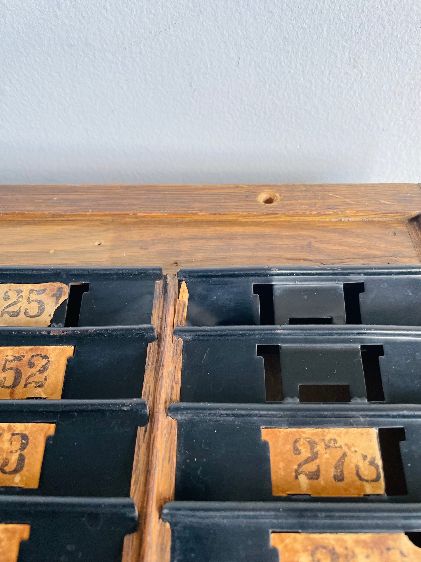 Antique Industrial Wood & Metal Time Card Slot Rack Holder with Numbers - Apothecary Shelf Decor Style - Can Lean or Hang on Wall