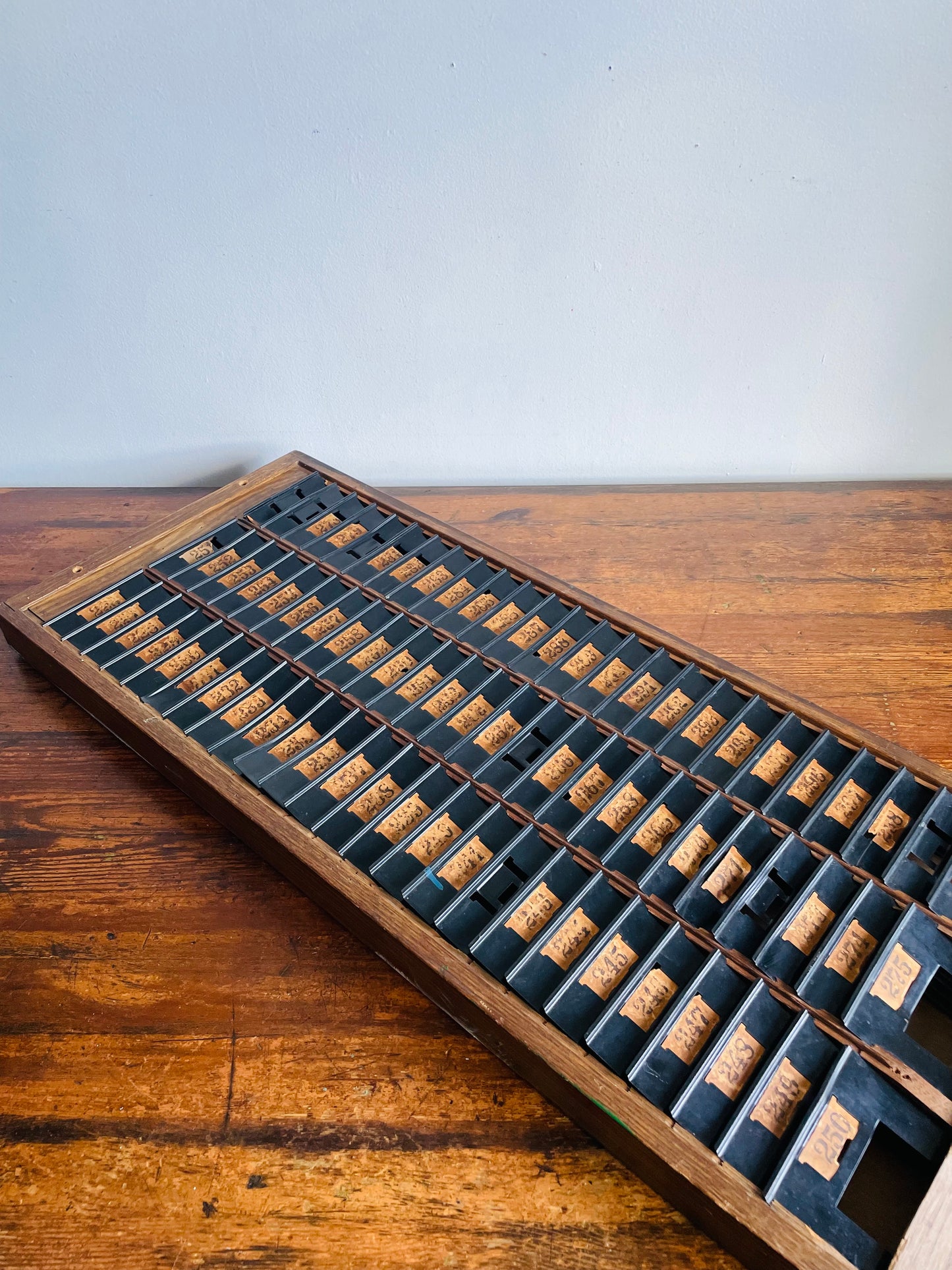 Antique Industrial Wood & Metal Time Card Slot Rack Holder with Numbers - Apothecary Shelf Decor Style - Can Lean or Hang on Wall