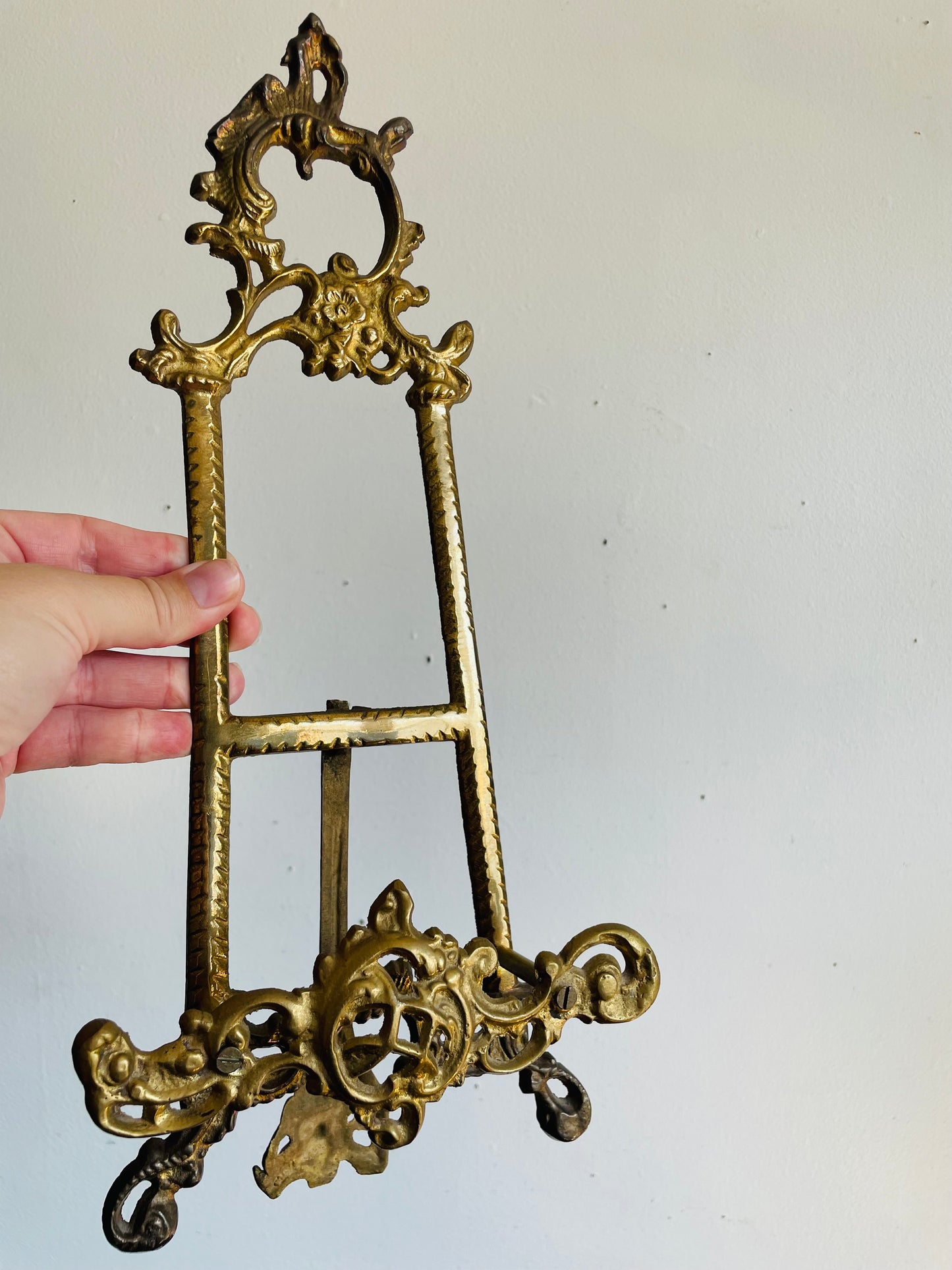 Vintage 14" Tall Brass Tabletop Display Easel with Ornate Scroll & Floral Design