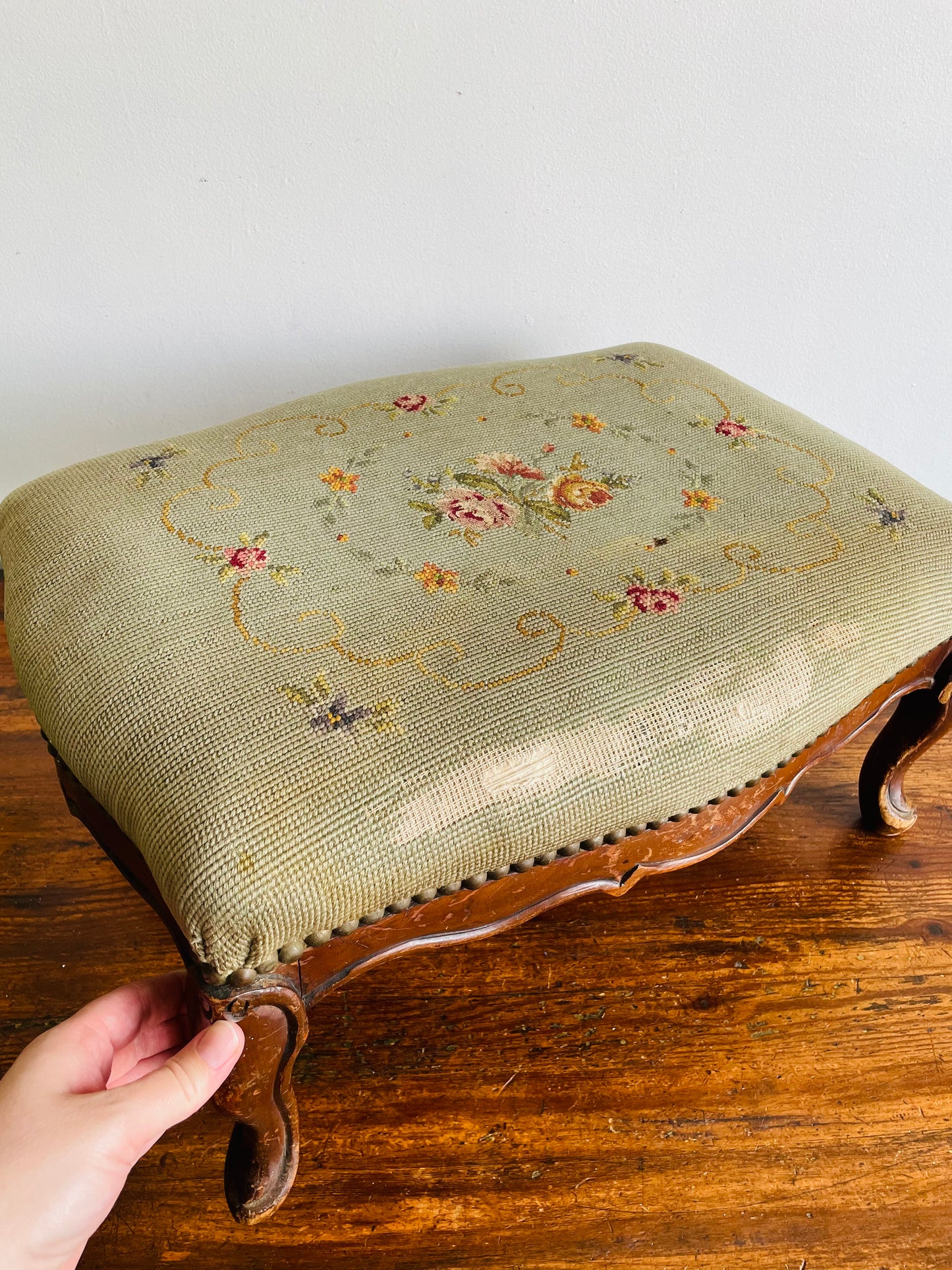 Antique Victorian Solid Wood & Floral Needlepoint Embroidery Footstool