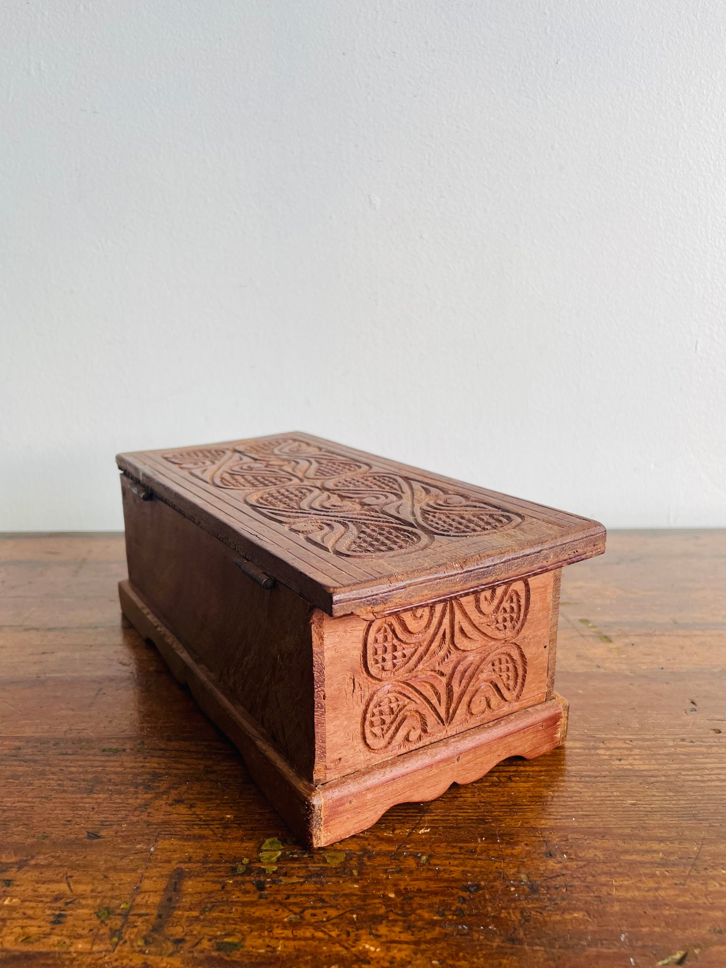 Sturdy Hand Carved Wooden Trinket Box with Interesting Design & Hinged Lid