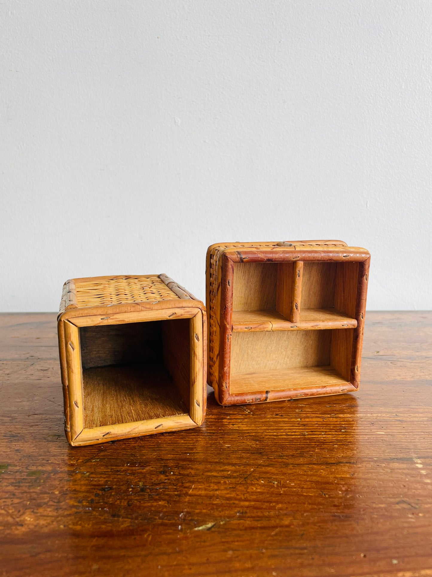 Wicker & Wood Desk or Vanity Organizer Box Compartment & Pencil Cup - Made in Hong Kong - Set of 2 Pieces