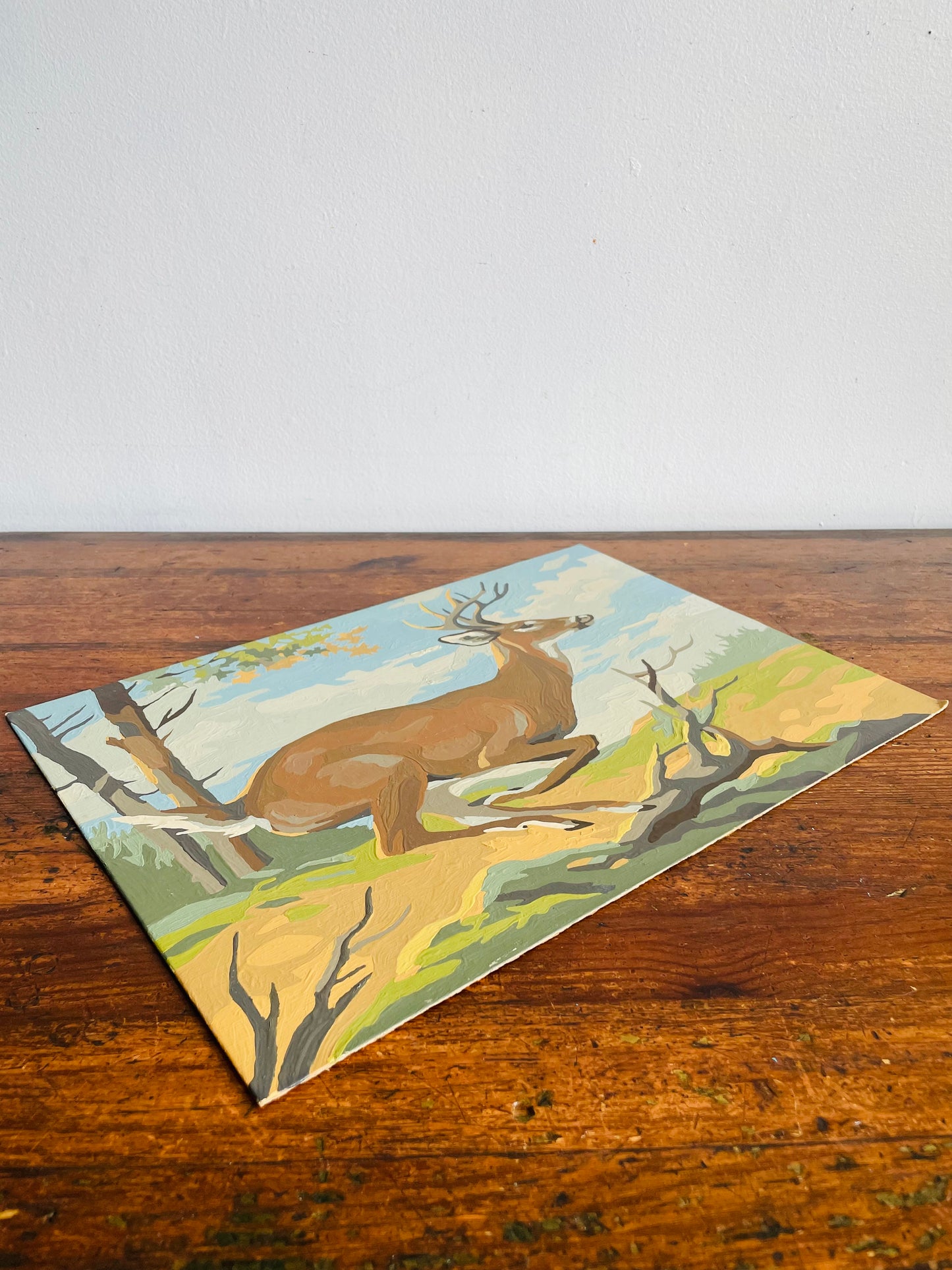 Vintage 1960s Paint by Number (PBN) Picture on Board of Deer Running Through Field - 10" x 14"