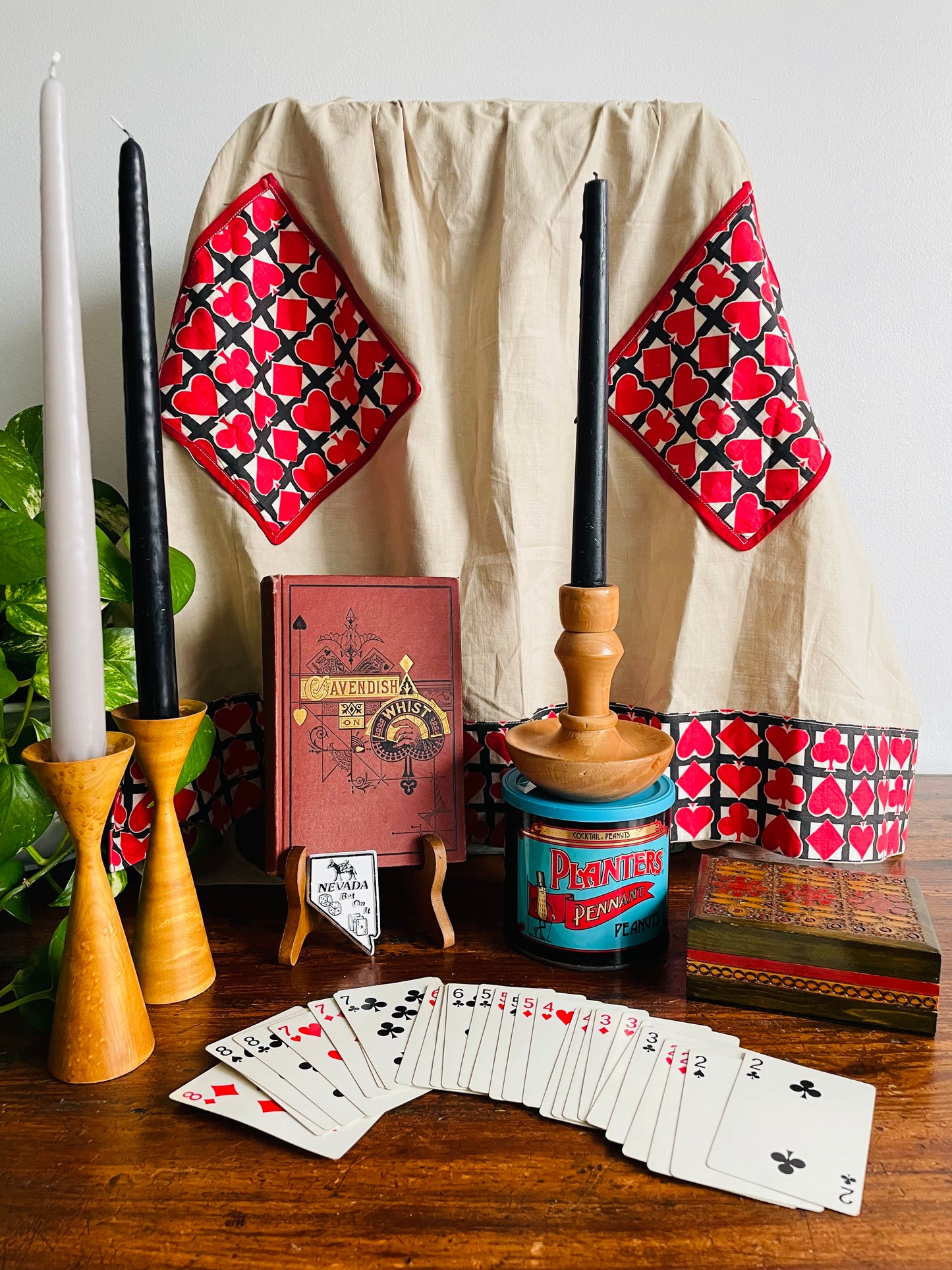 Game Night Waist Tie Apron with Pockets & Card Deck Graphics - Red Clubs, Diamonds, Hearts & Spades