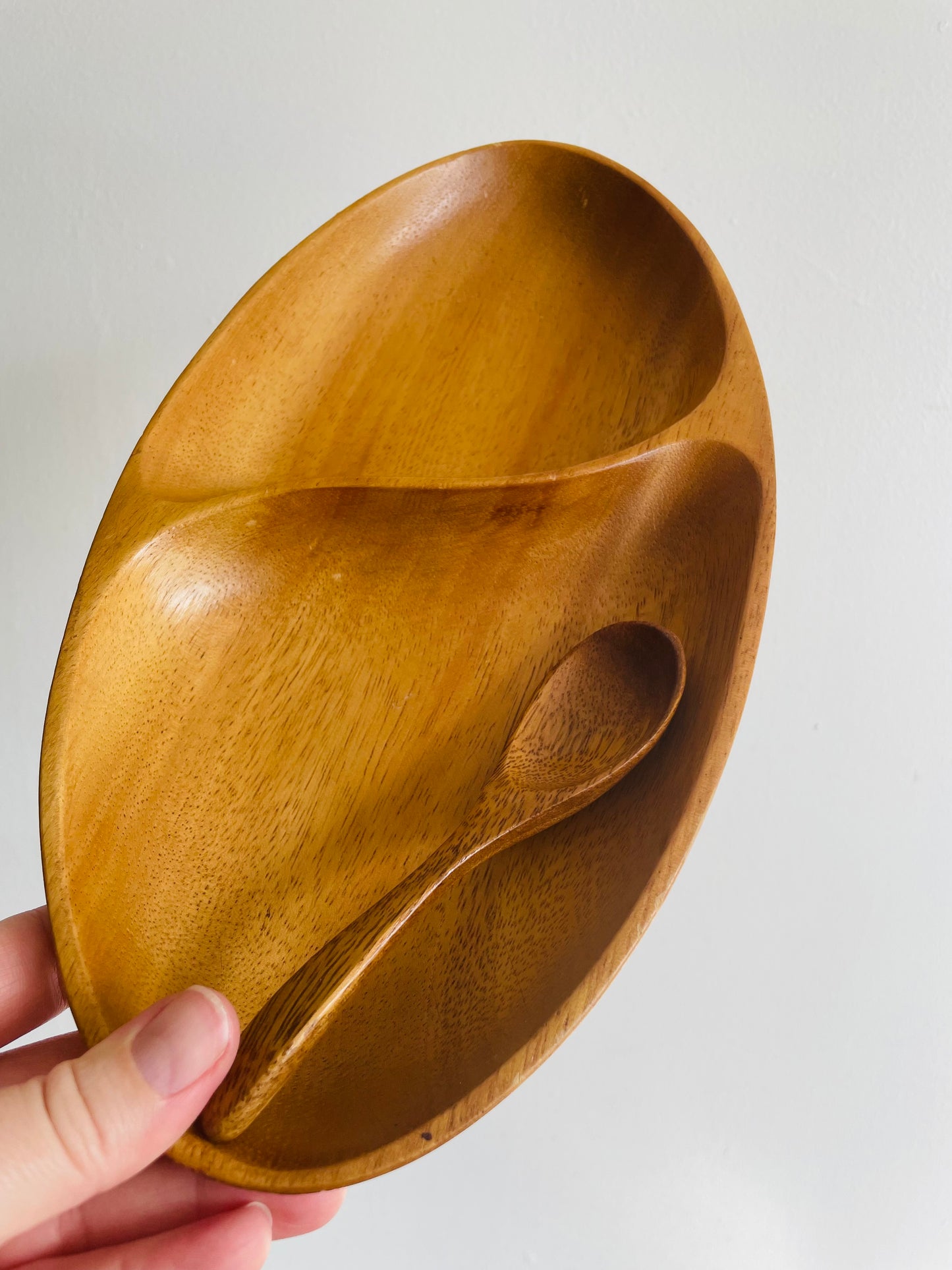 Divided Wood Serving Dish with Spoon - Set of 2 Pieces