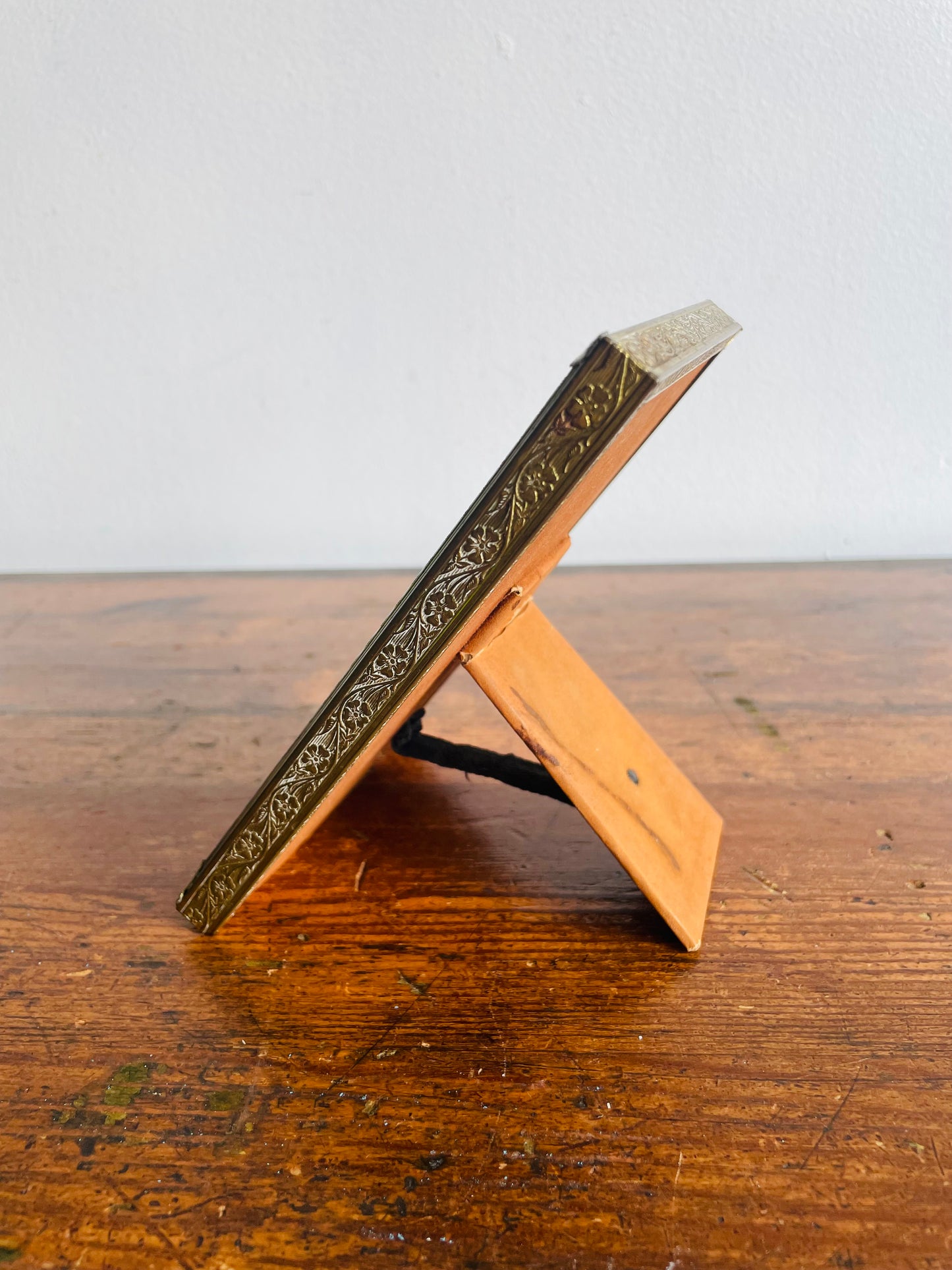 Aged Patina Brass Picture Frame with Etched Details - Easel Prop for Standing - 3.25" by 5.25" Photo Size
