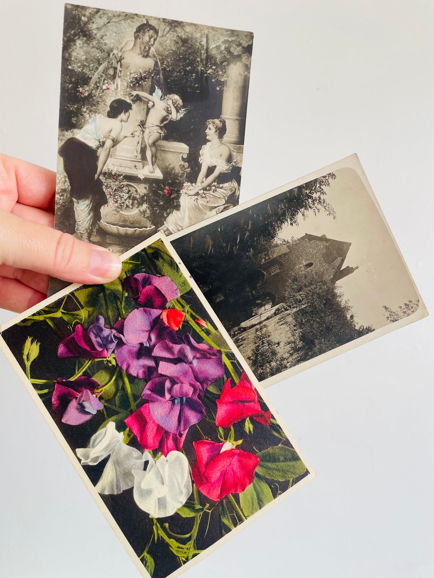 Early 1900s Postcard Collection - Greyfriars in Canterbury, Sweet Pea Flowers & Women with Cupid at Fountain - Set of 3