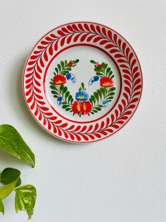 Hollohaza Hungary 1834 Disztal Hand Painted Wall Hanging Plate with Red & Blue Flowers