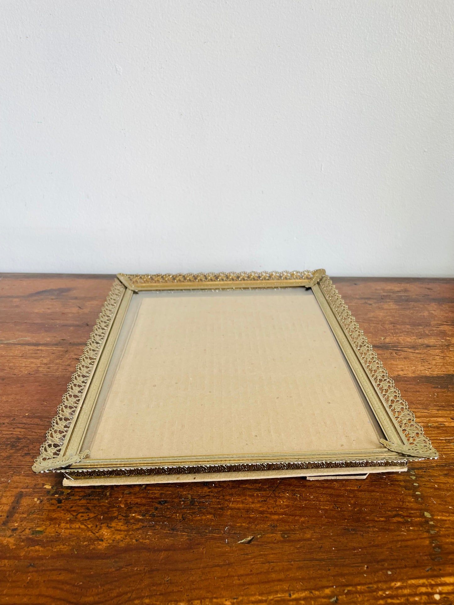 Vintage Brass Floral Filigree Picture Frame with Easel Prop or Wall Hook to Hang Vertically - 7.5" x 9.5" Photo Size
