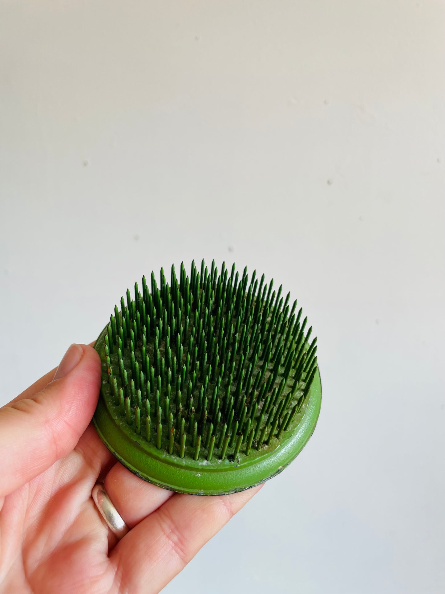 Round Green Metal Spiked Flower Frog - Ikebana Vase Style - Also Holds Pictures, Memos, Etc.
