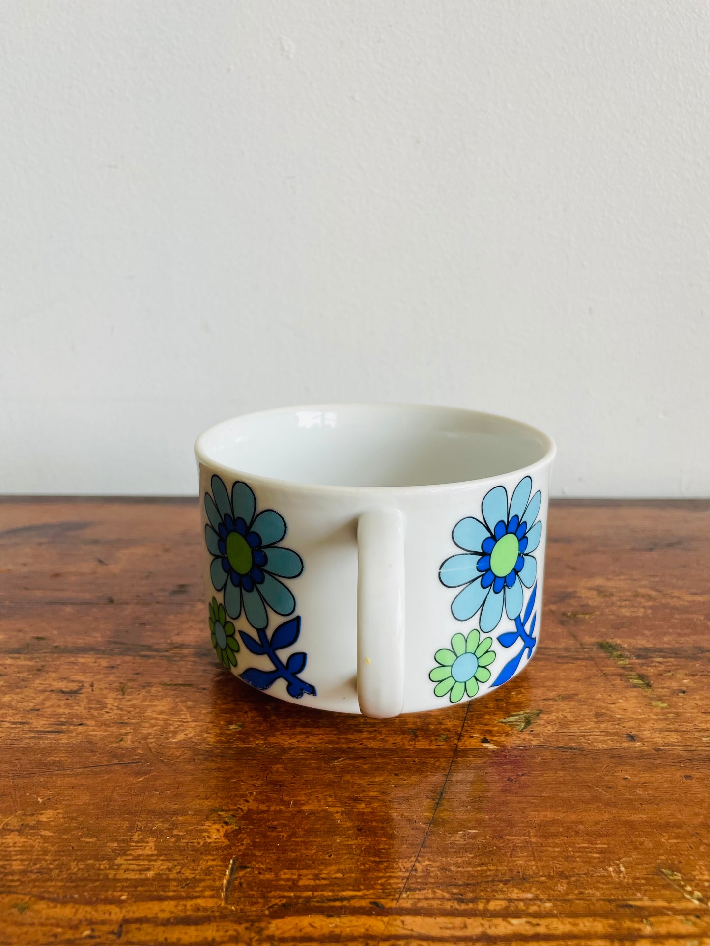 Groovy Soup Bowl with Handle & Blue & Green Flower Power Design - Would Also Make a Great Planter - Made in Japan