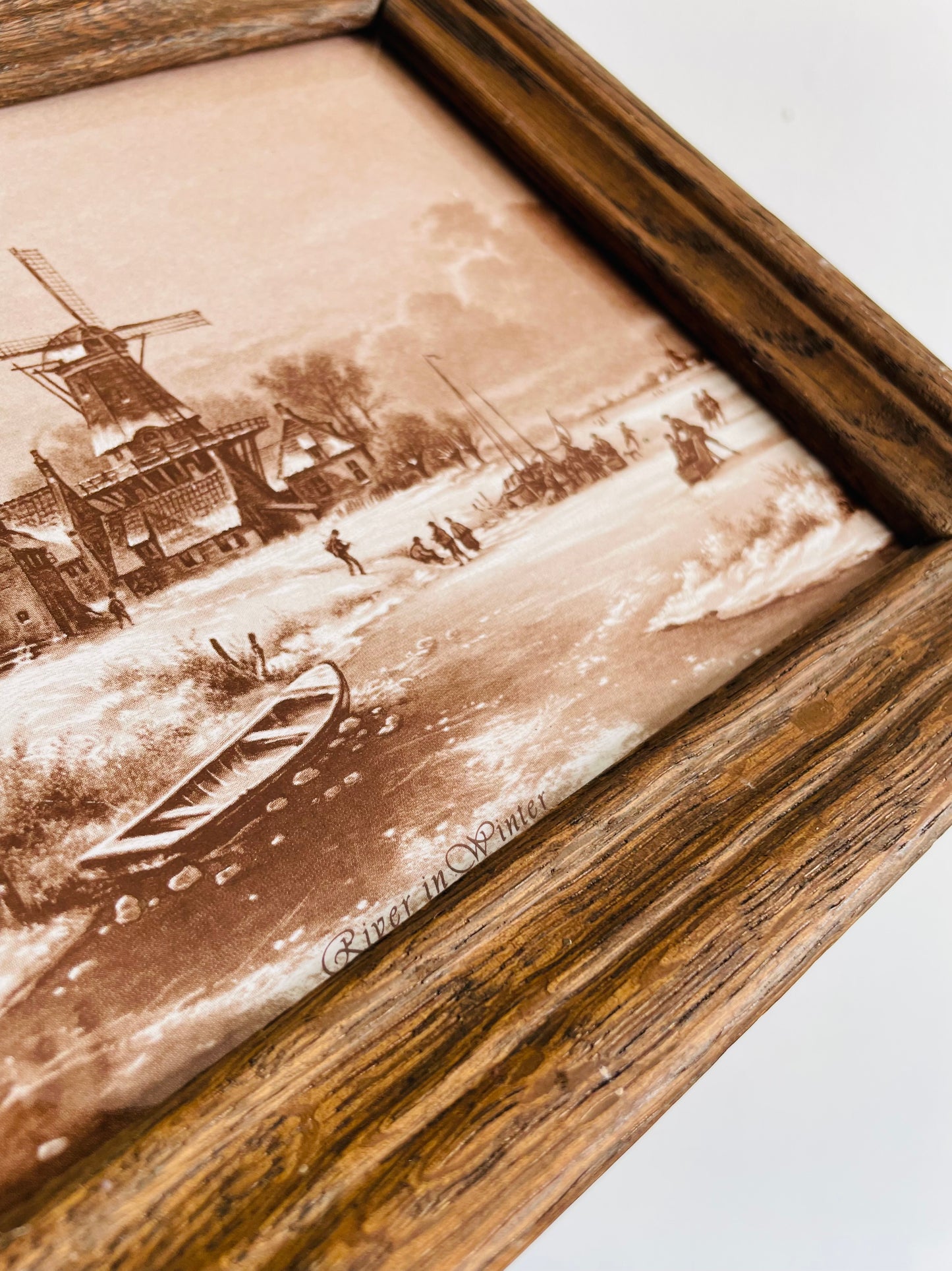 Framed Mosa Tile with Sepia Toned Village Scene - River in Winter - Made in Holland