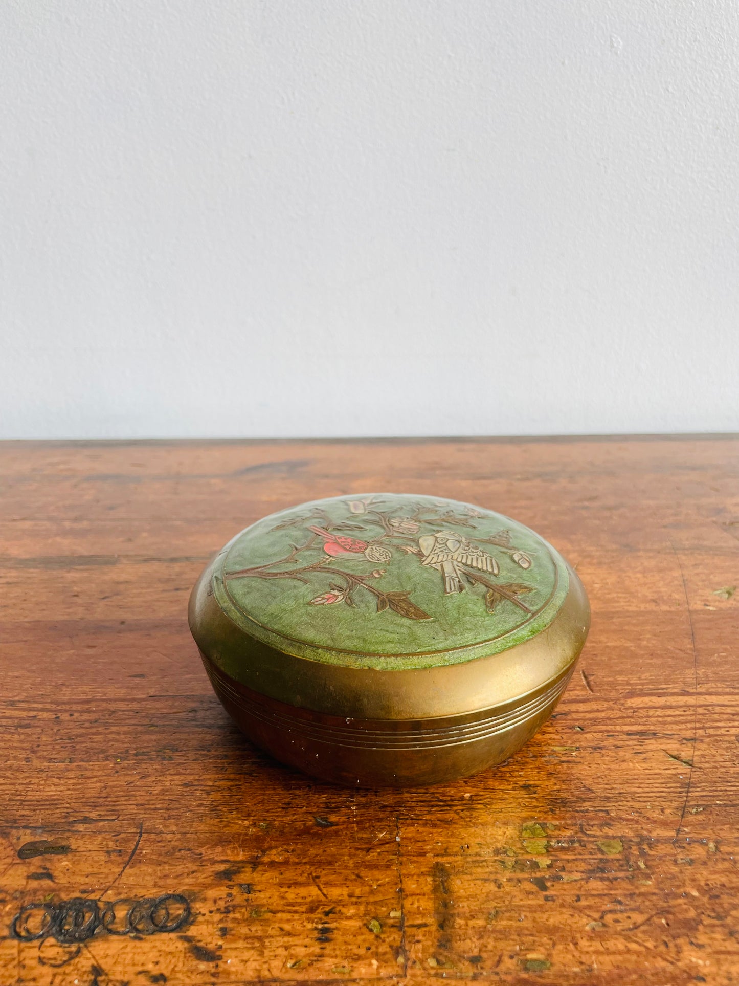 Round Solid Brass Trinket Jewellery Box with Enamelled Lid & Bird Design - Made in India