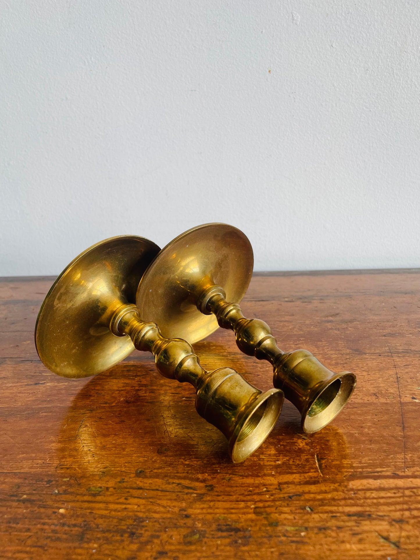 Vintage Heavy & Solid Brass Candle Holders with Spindle Shape & Curved Bases - Can Unscrew - Set of 2
