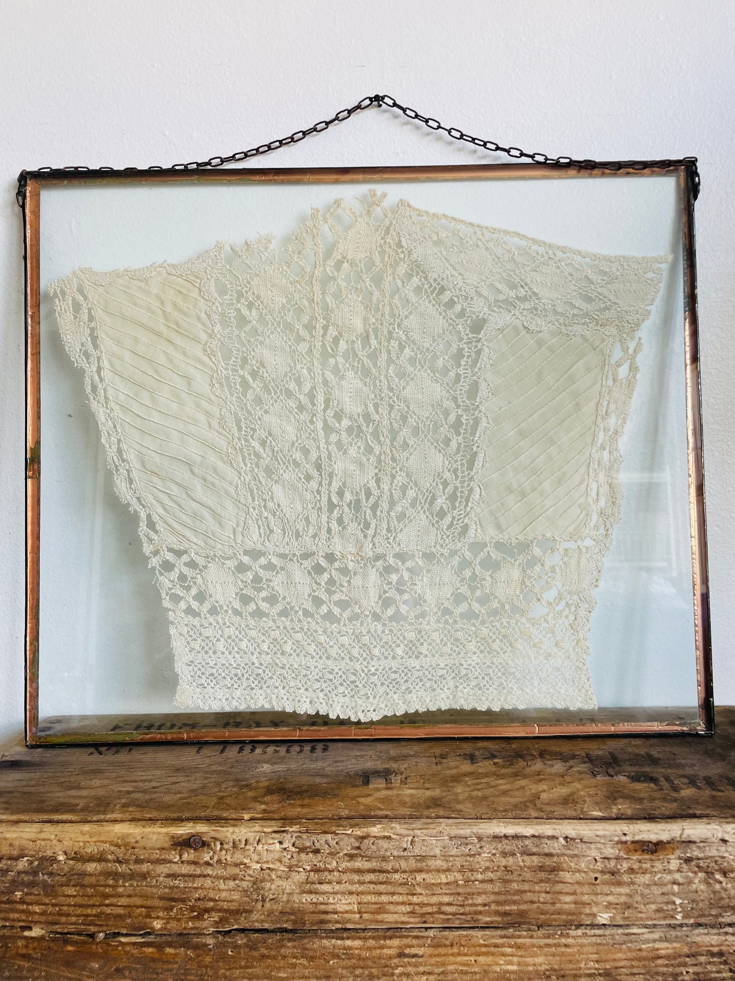 Antique Lace Bodice of Wedding Dress - Pressed & Sealed in Leaded Glass Frame - Chain for Hanging