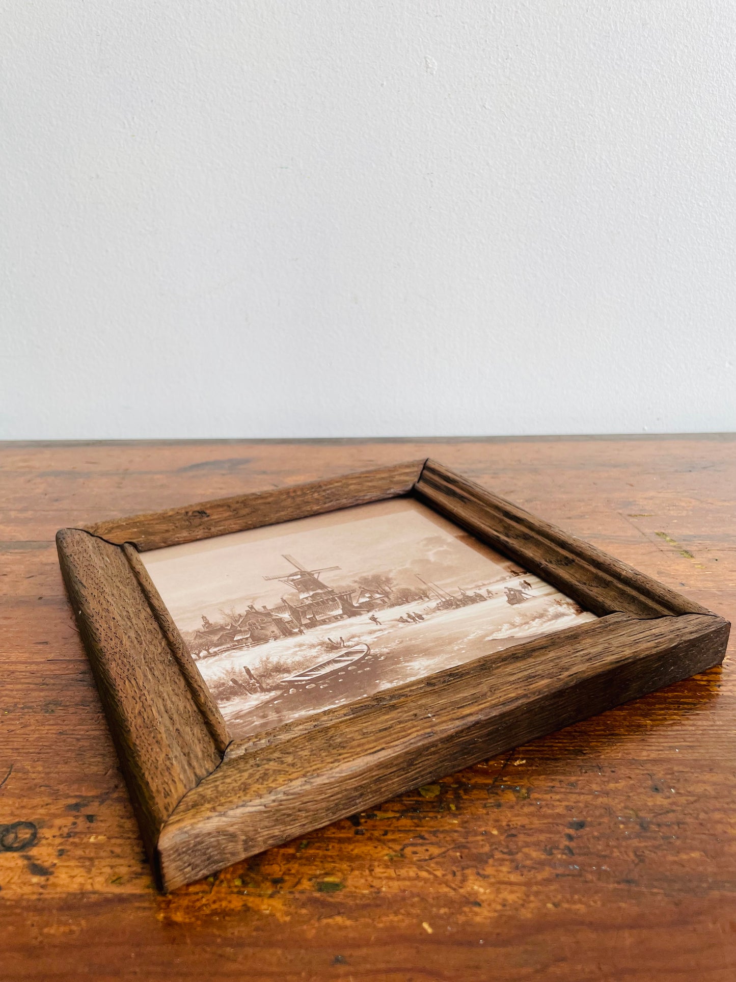 Framed Mosa Tile with Sepia Toned Village Scene - River in Winter - Made in Holland