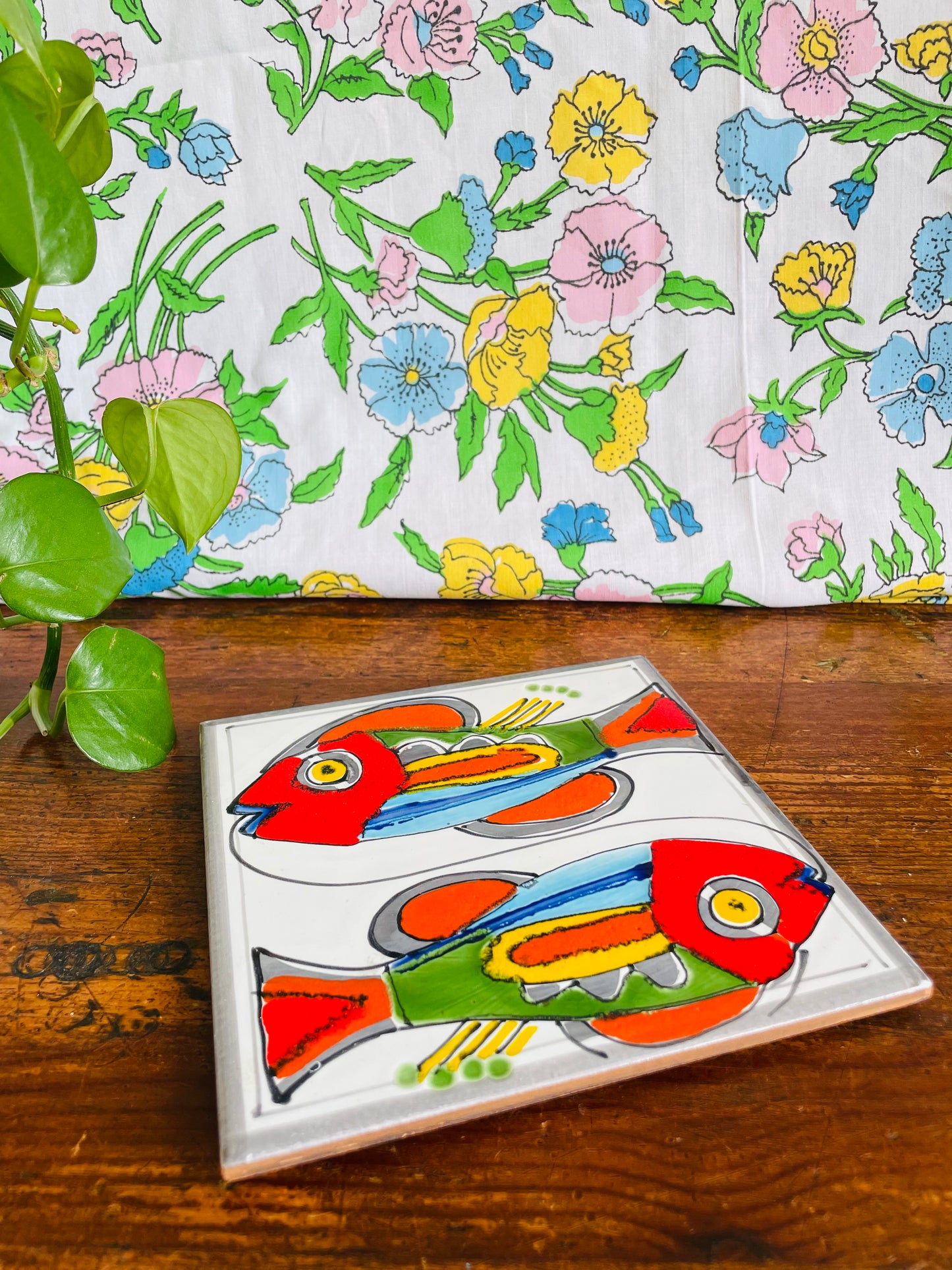 Cannara Tile Trivet with Bright Hand Painted Pisces Zodiac Fish Design - Made in Italy