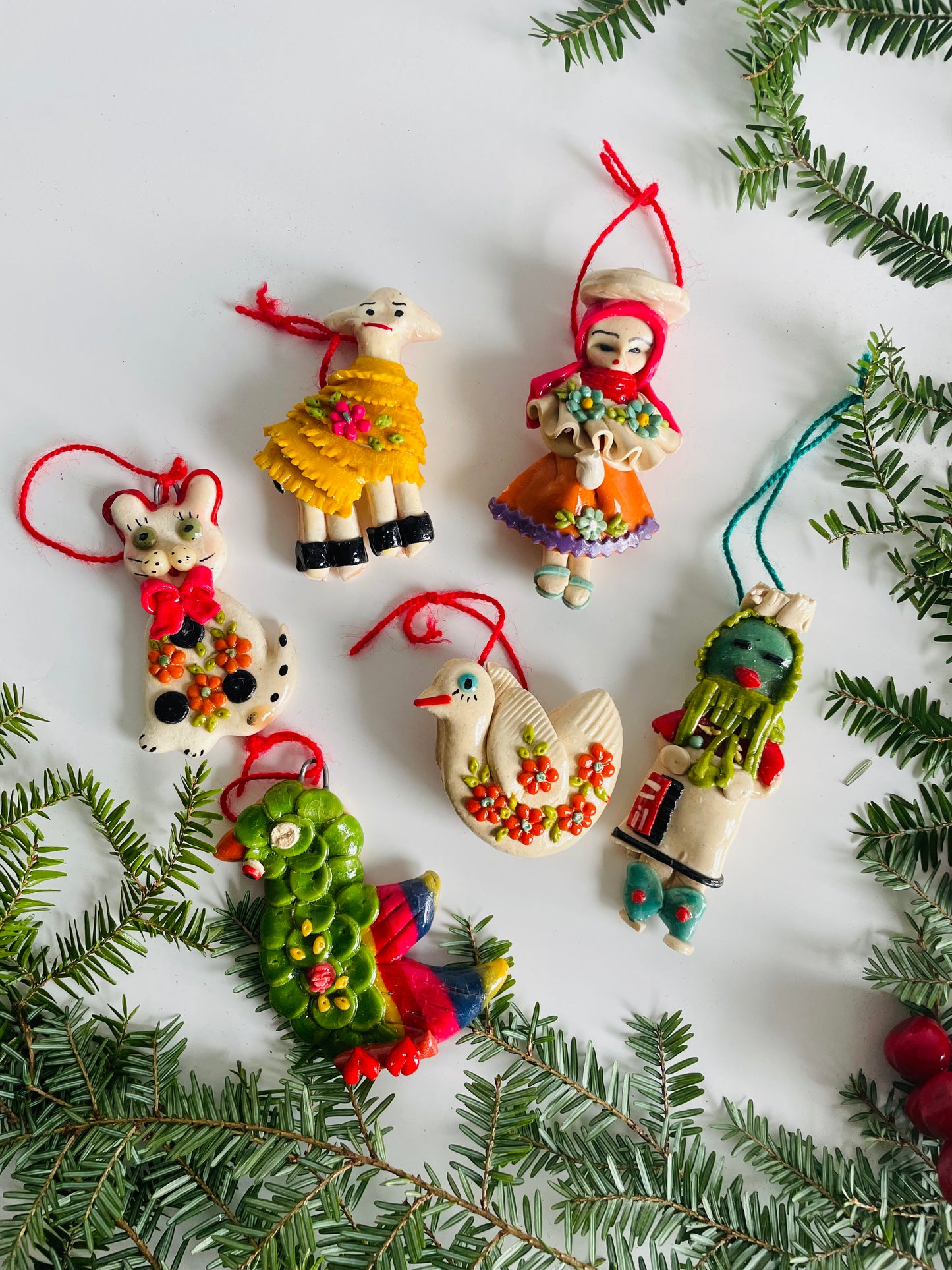 Handmade Salt Dough Folk Ornaments - People, Cat, Dove, Sheep, Parrot - Set of 6