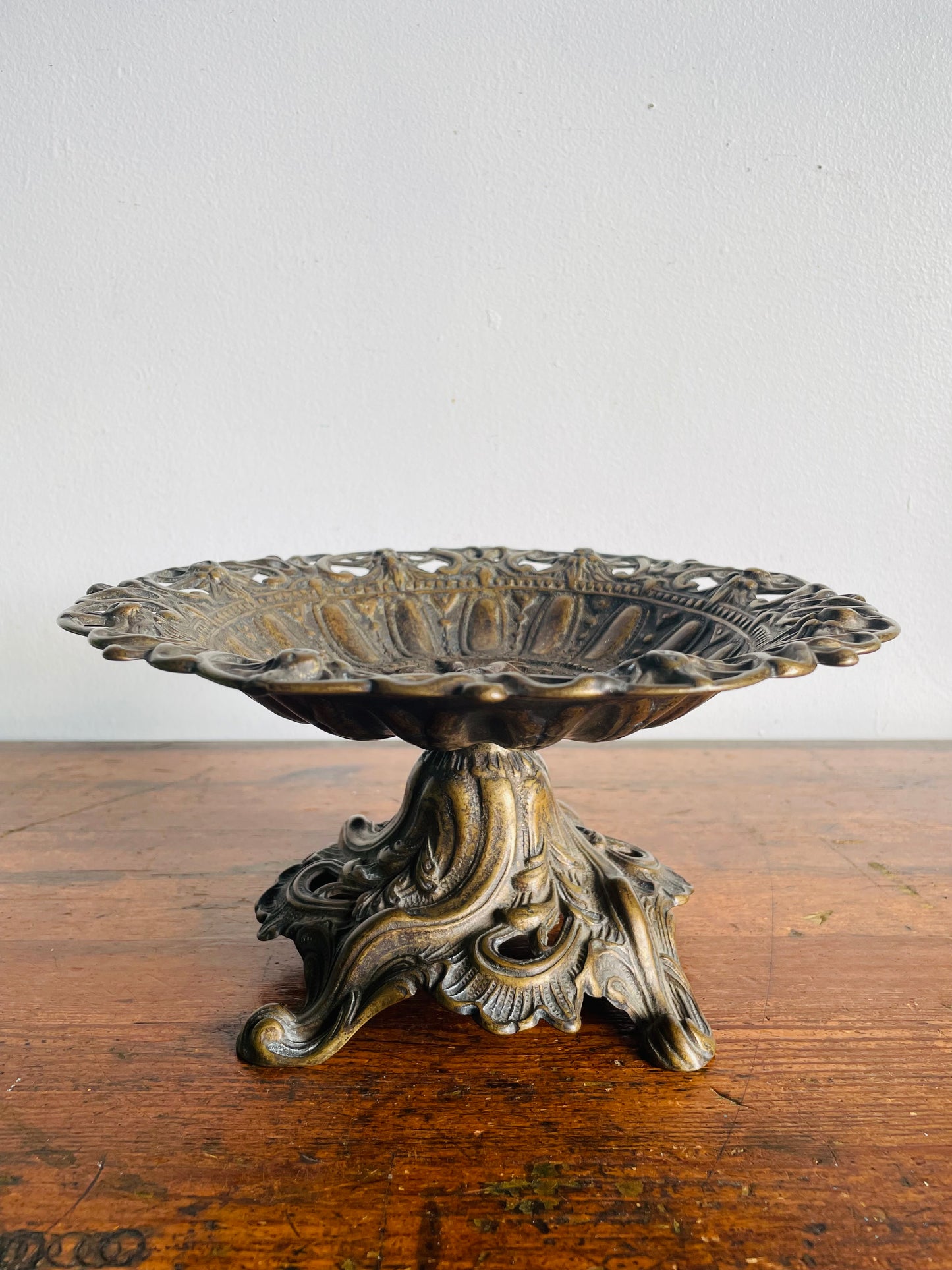 Vintage Heavy Brass Pedestal Bowl with Cherub - Ornate Scroll Filigree Design - Italian Style