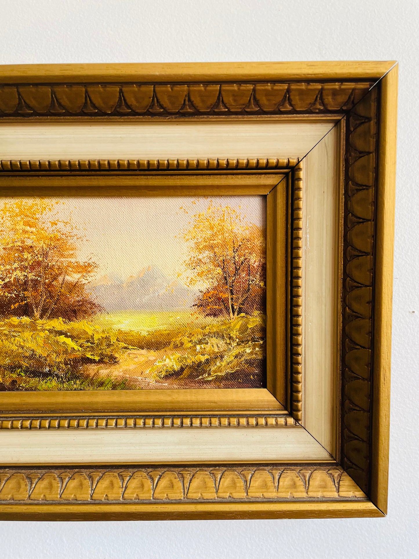 Original Art Painting of Landscape Scene in Gold & Cream Wood Frame