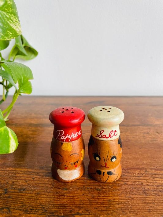 Adorable Wood Salt & Pepper Shakers with Hand Painted Faces