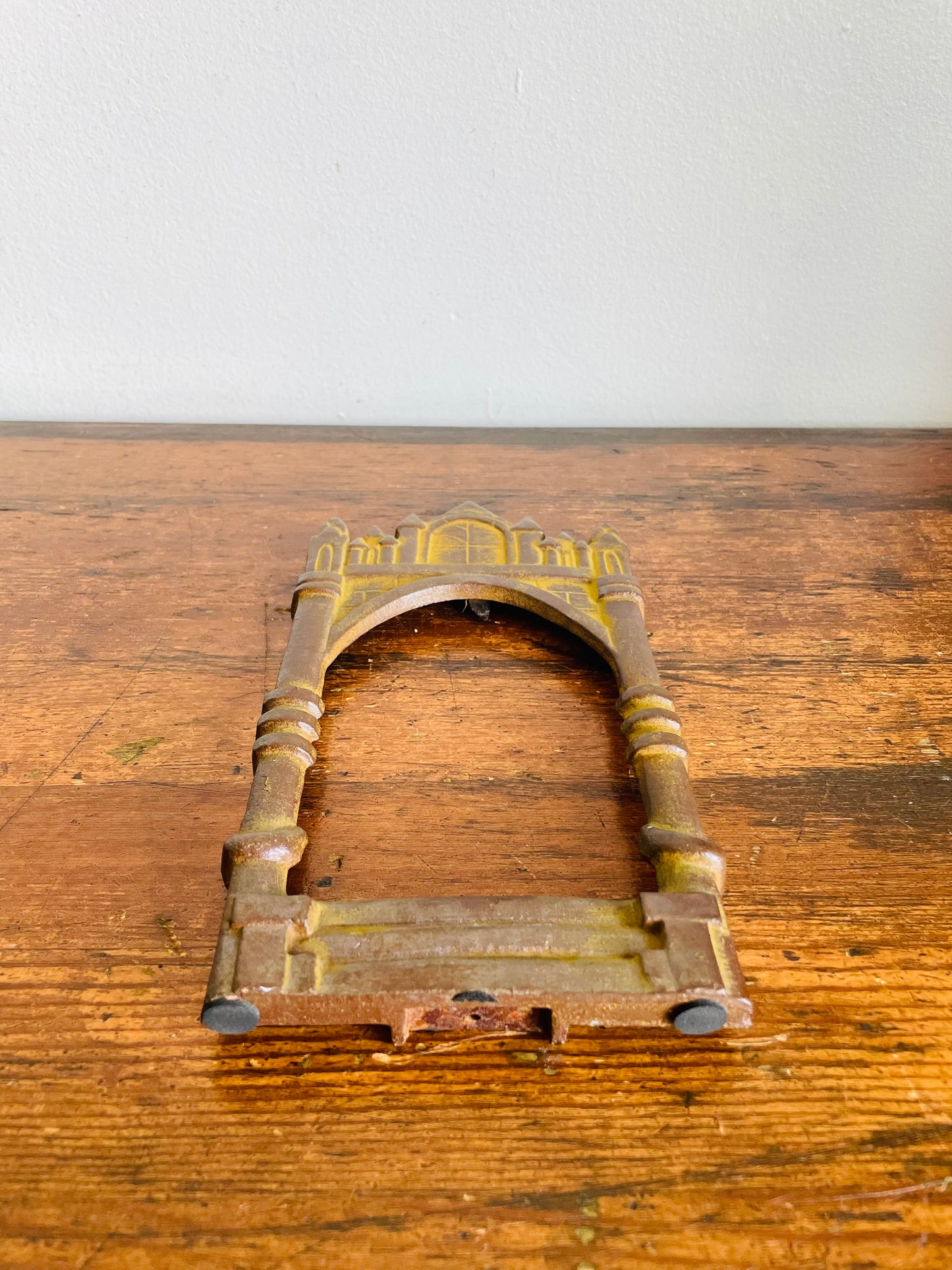 Vintage Solid & Heavy Cast Iron Arched Window Castle Shaped Picture Frame - 3" x 4.75" Photo Size