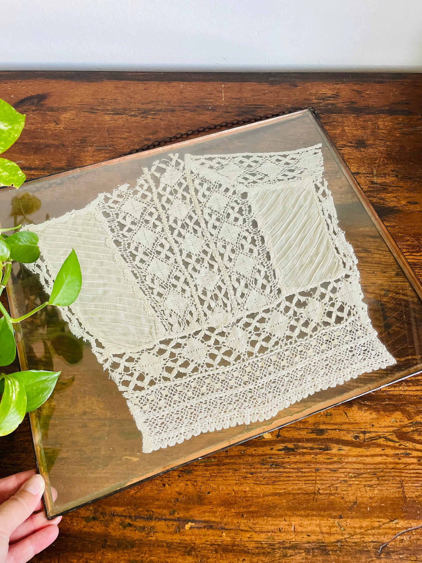 Antique Lace Bodice of Wedding Dress - Pressed & Sealed in Leaded Glass Frame - Chain for Hanging