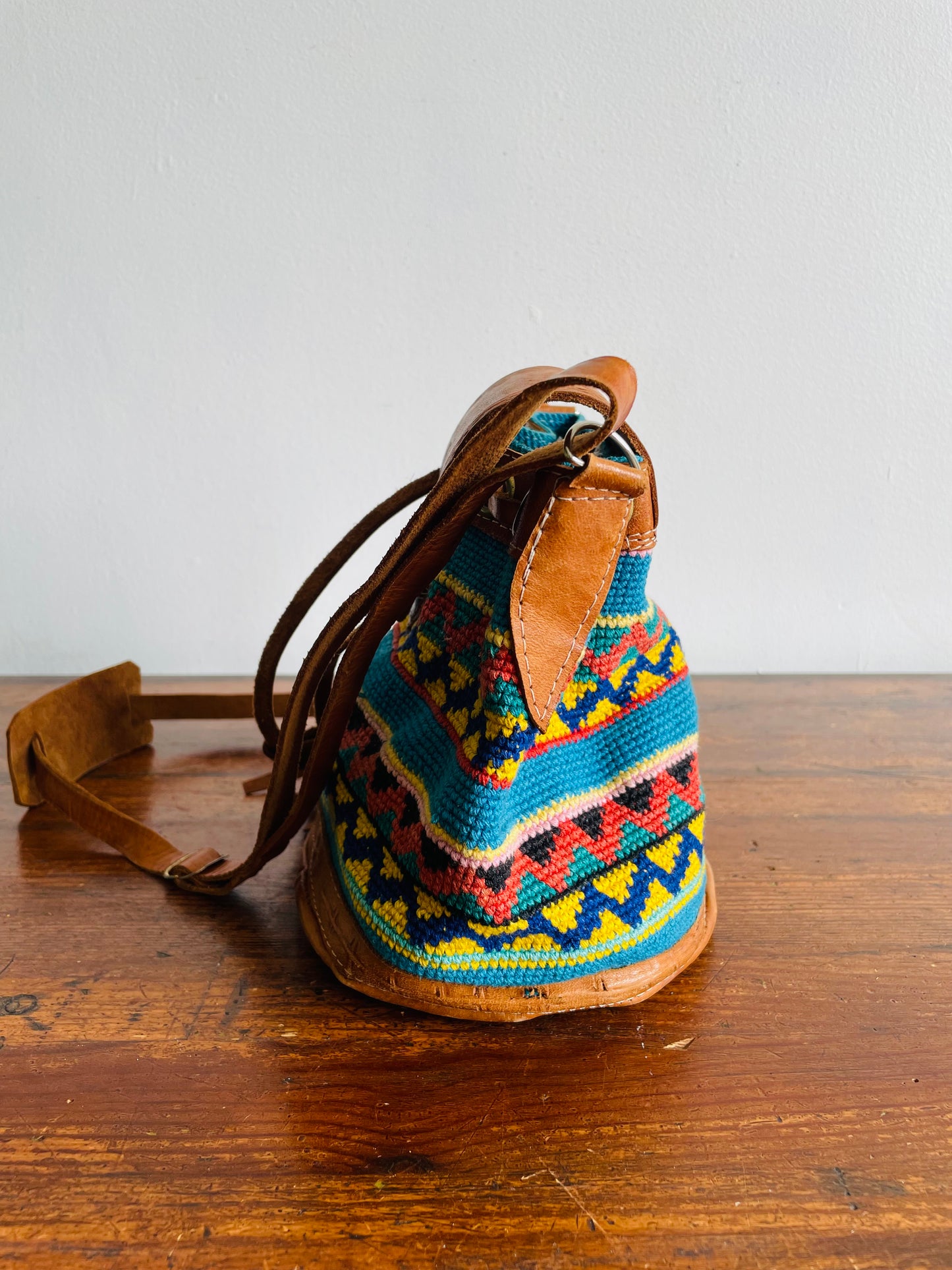 Tooled Leather & Brightly Woven Tapestry Fabric Purse