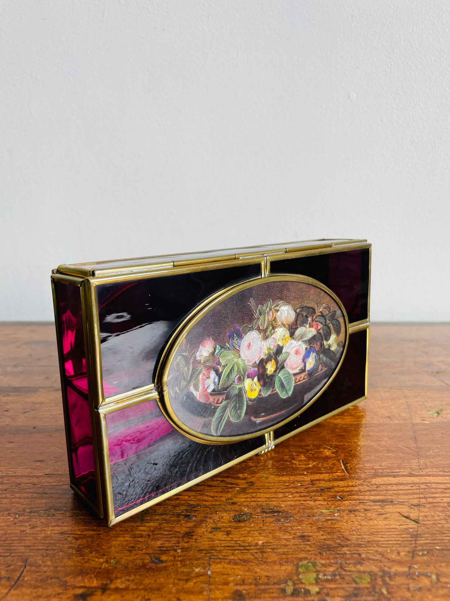 Enesco Corporation Purple Glass & Brass Divided Sectional Jewellery Box with Flower Lid - Made in Mexico