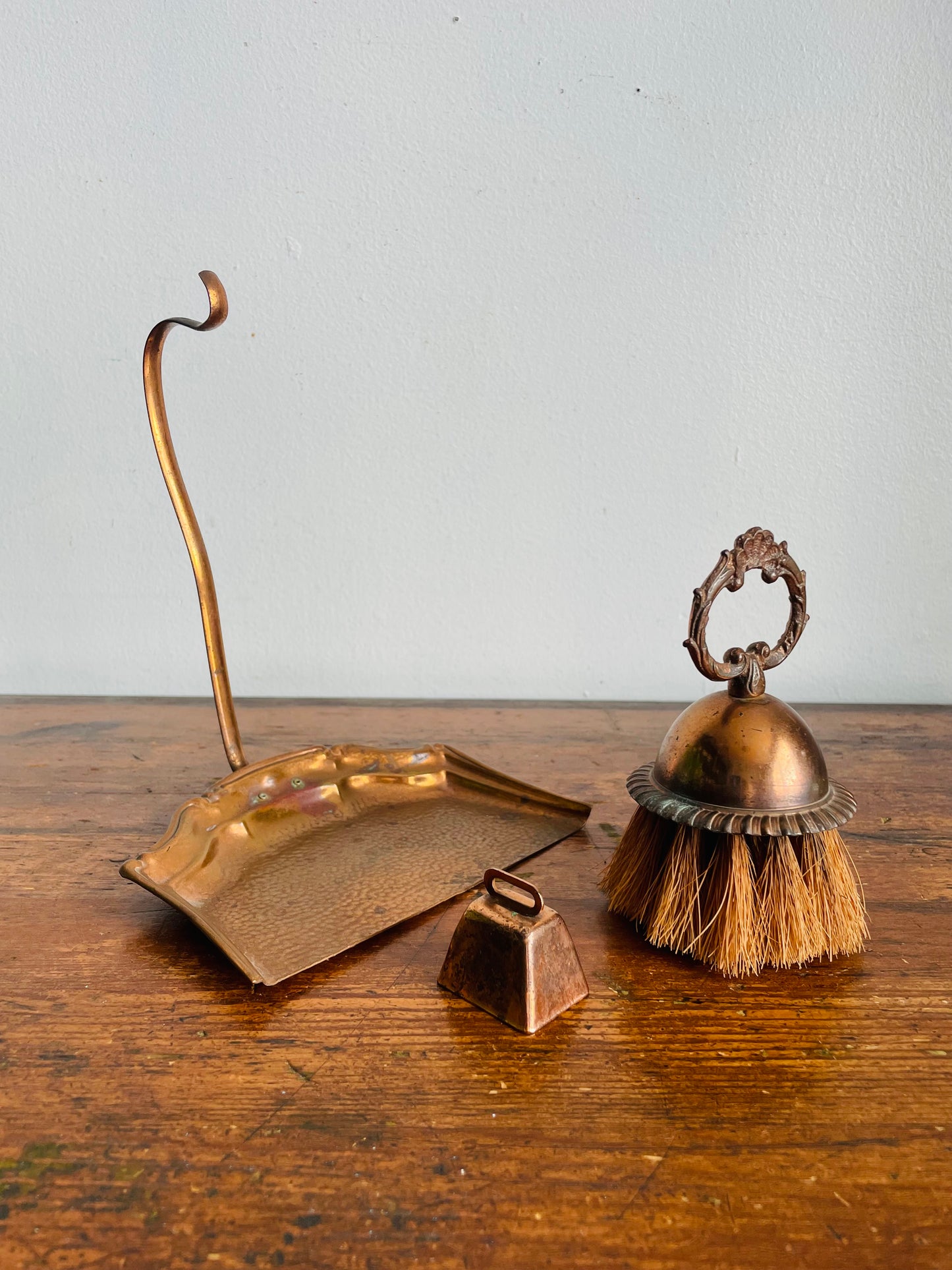 Antique Copper Silent Butler Crumb Catcher Dustpan with Hook Hanger, Brush & Bell - Set of 3 Pieces - Celtic Quality Plate - Made in England