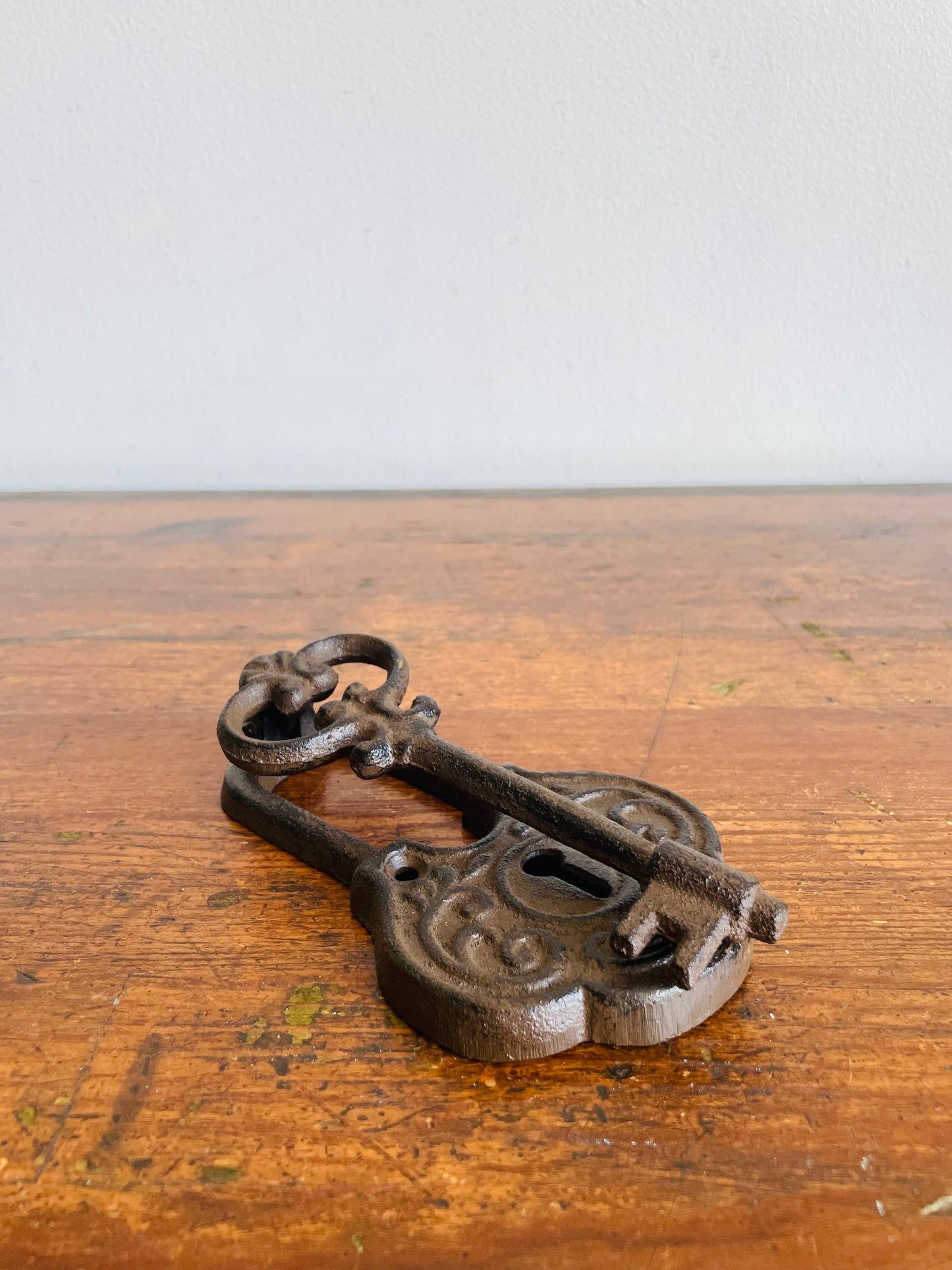 Cast Iron Door Knocker Shaped Like an Ornate Lock & Skeleton Key