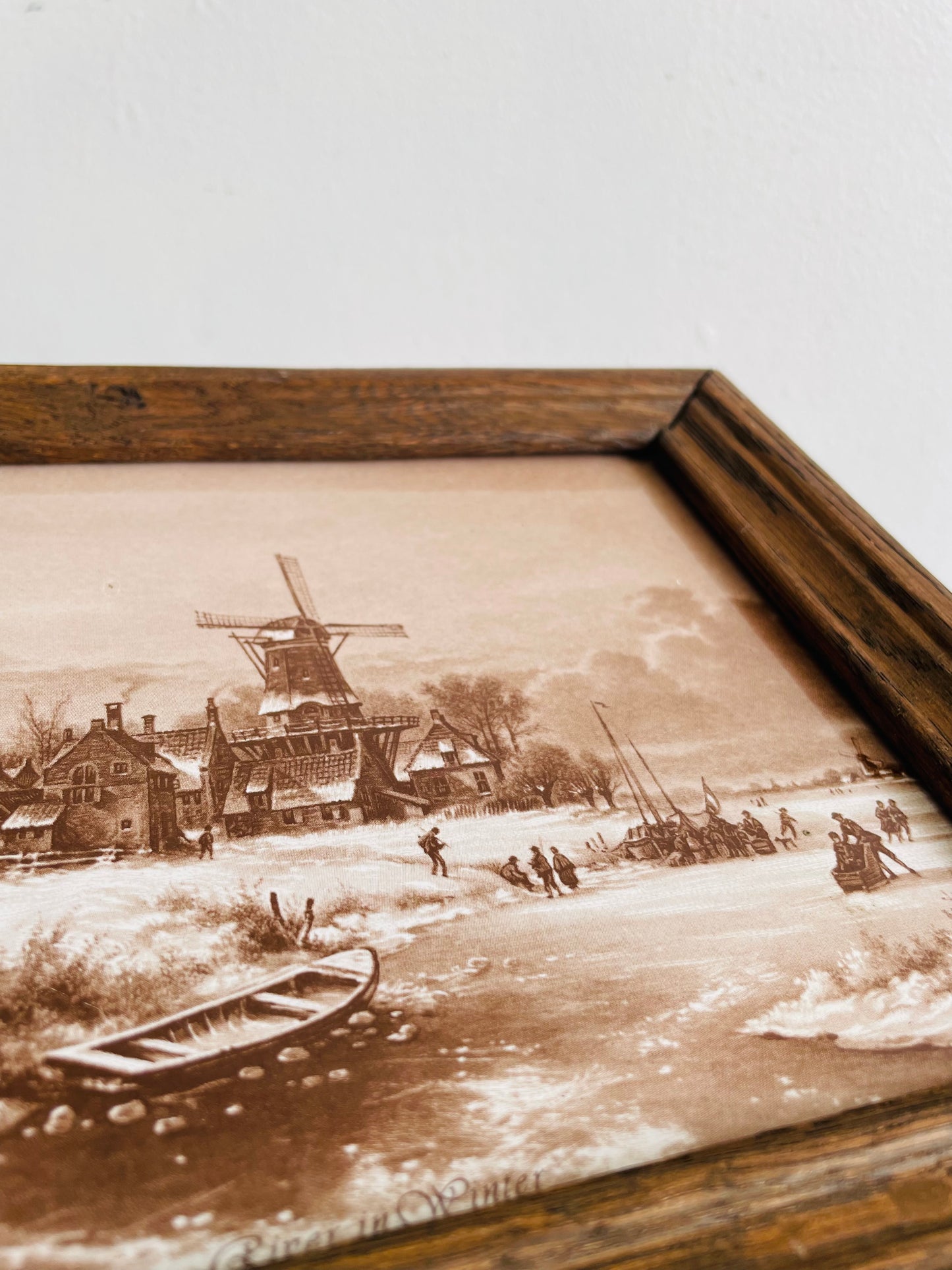 Framed Mosa Tile with Sepia Toned Village Scene - River in Winter - Made in Holland