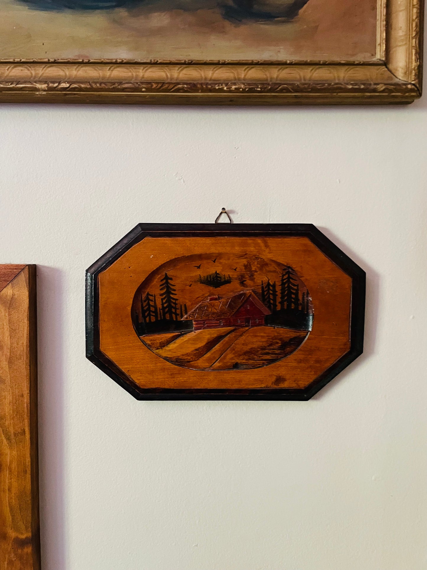 Red Cabin in Forest Picture - Carved from a Single Piece of Wood