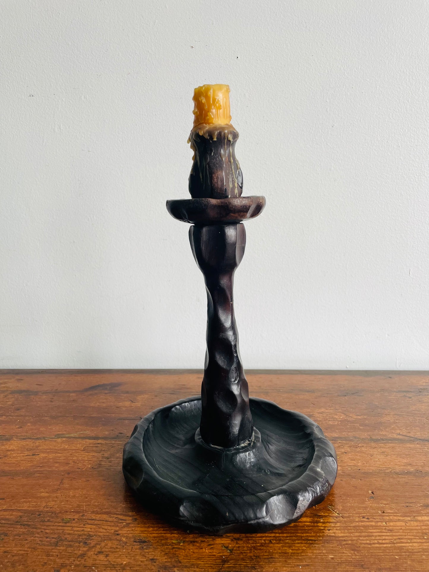 Large Wood Brutalist Spanish Revival Gothic Castlecore Style Chamberstick Candle Holder with Dripping Candle