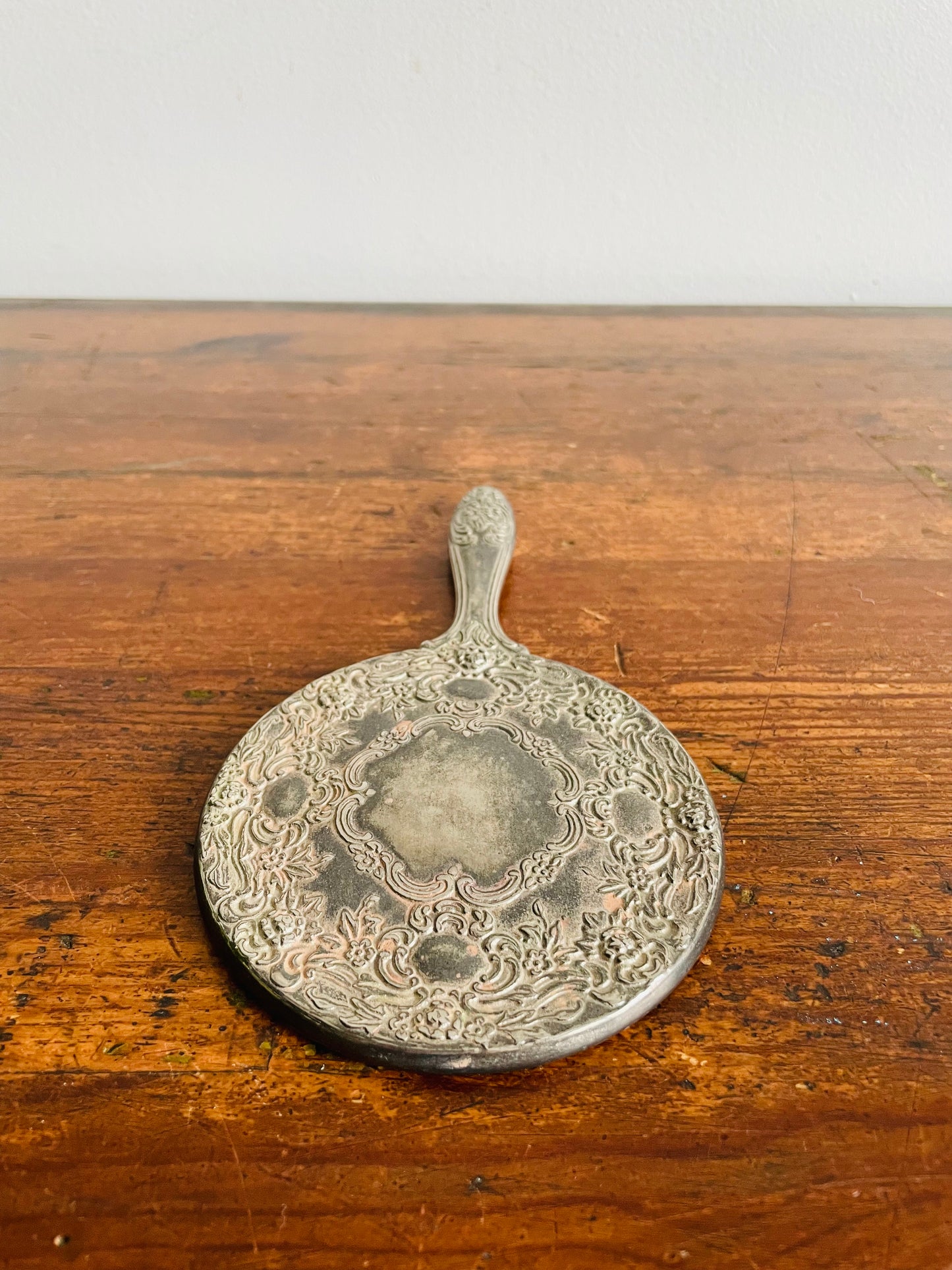 Heavy Round Silver Plate Handheld Vanity Mirror with Ornate Floral Design