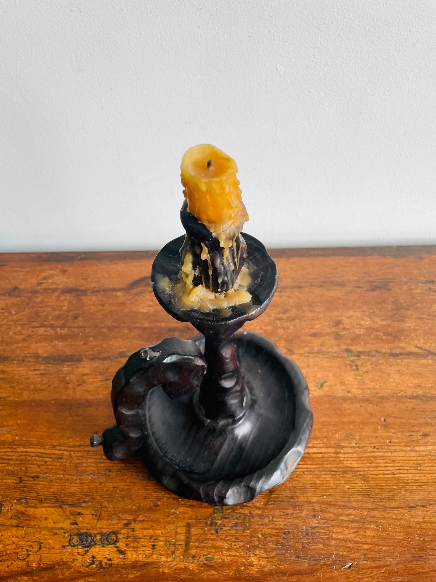 Large Wood Brutalist Spanish Revival Gothic Castlecore Style Chamberstick Candle Holder with Dripping Candle
