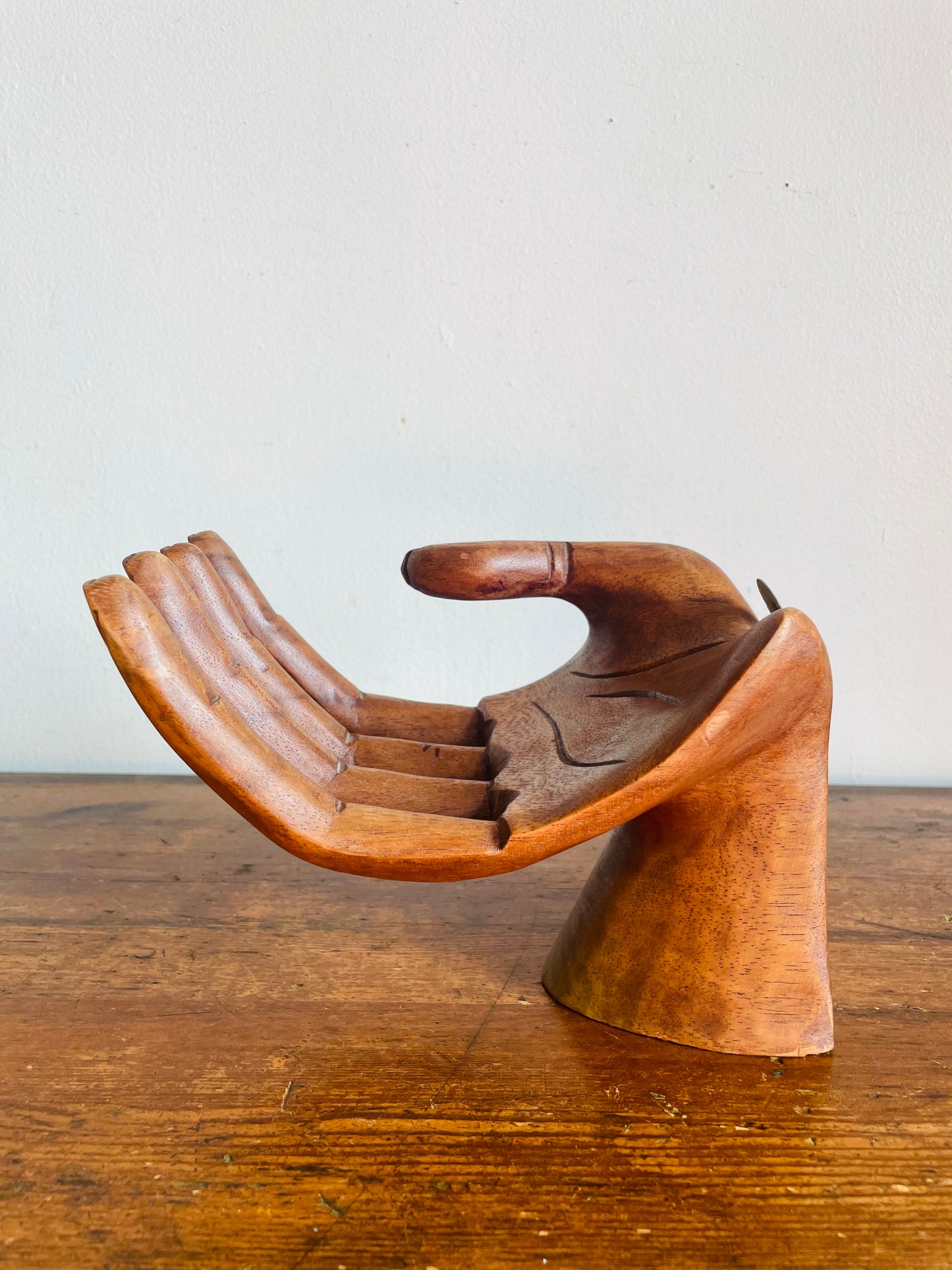 Vintage Large Carved Wood Right Hand - Can Stand or Hang on Wall - Fingers Curve to Hold Objects - Air Plant, Toilet Paper Roll, Business Cards, Etc.