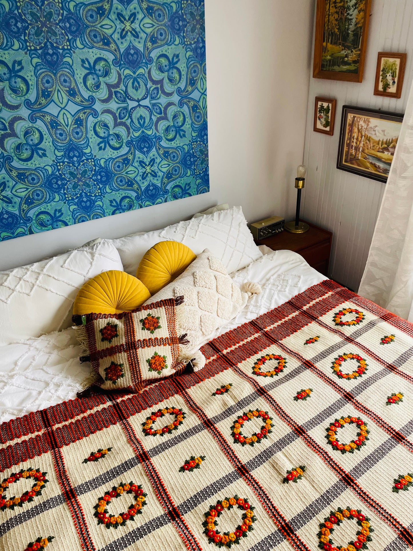 Polish Hand Knotted Woven Wool Throw Pillowcase with Embroidered Flowers