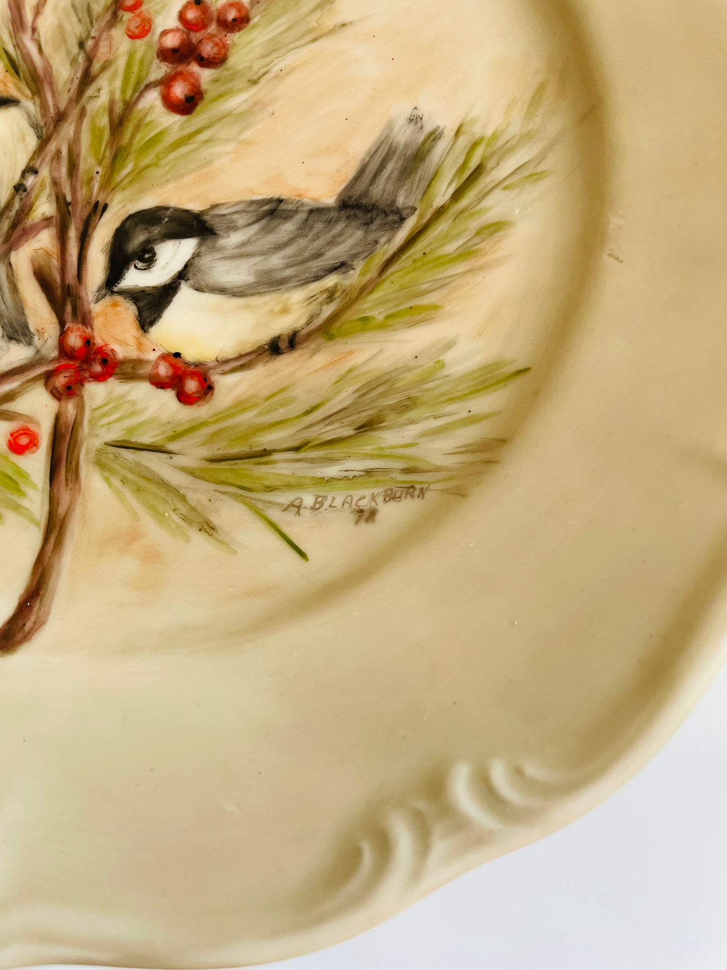 Edelstein Bavaria Maria-Theresia Germany Plate - Hand Painted with Chickadee Bird Winter Scene by A. Blackburn in 1978