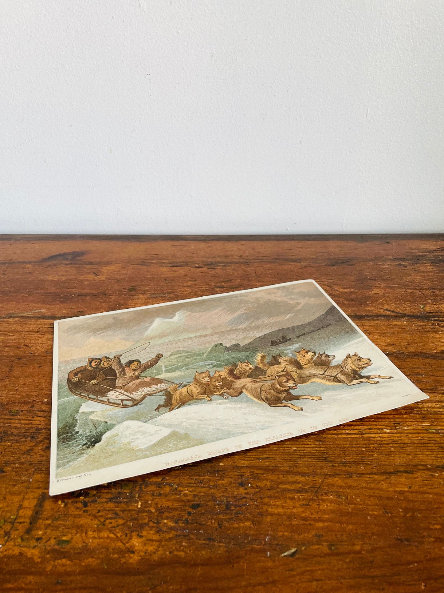 Vintage Lithograph Print Picture - "Wonderful Escape on the Breaking Up of the Ice" with Dog Sled Team in Arctic - Kronheim and Co., London